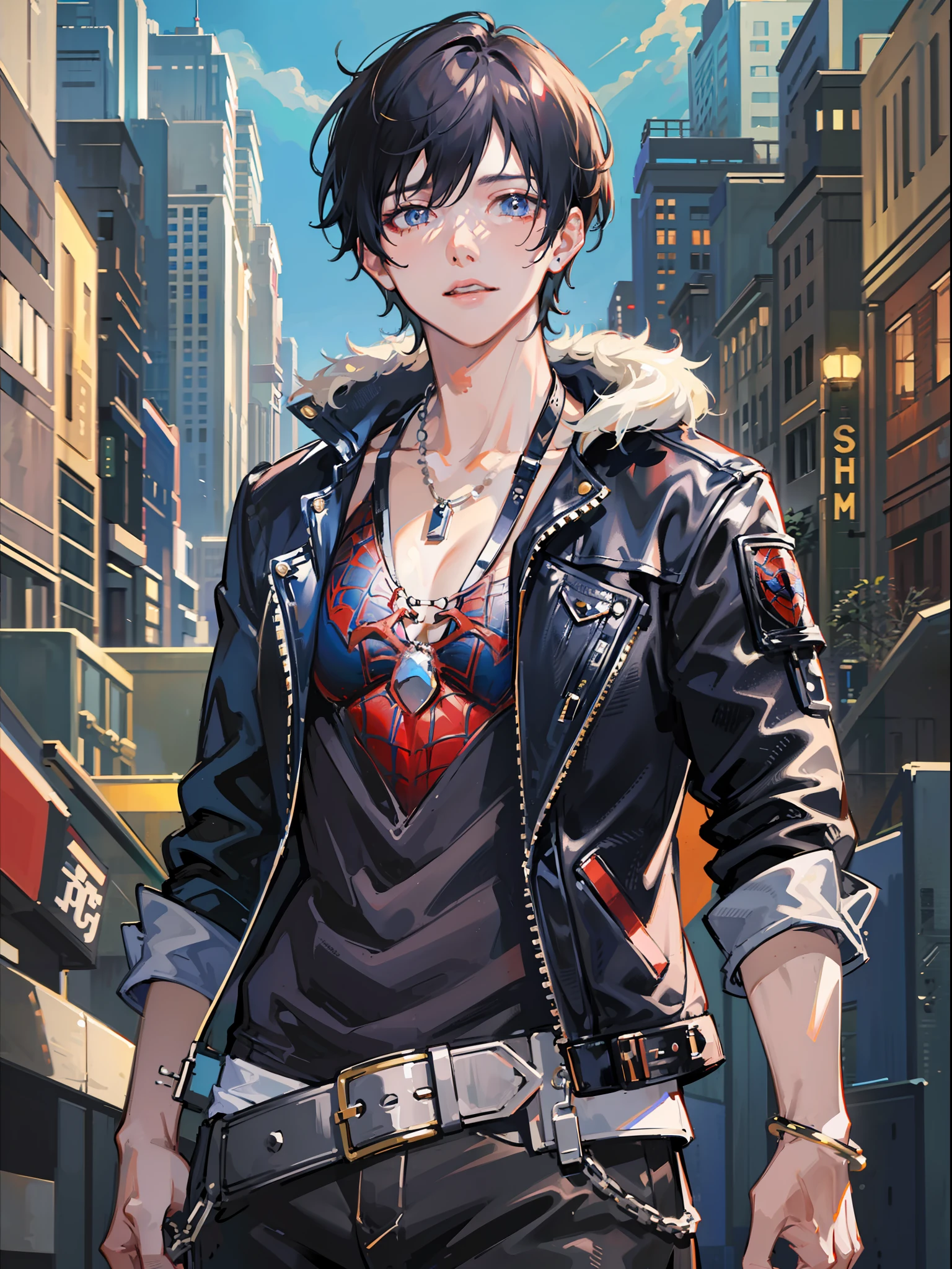 1boy, spider-man, jacket, short hair, looking at the audience, male focus, necklace, upper body, messy hair, trending on artstation, 8k resolution, very detailed, anatomically correct, clear image, digital painting, concept art, fashion trends on pixiv, Makoto Shinkai's style