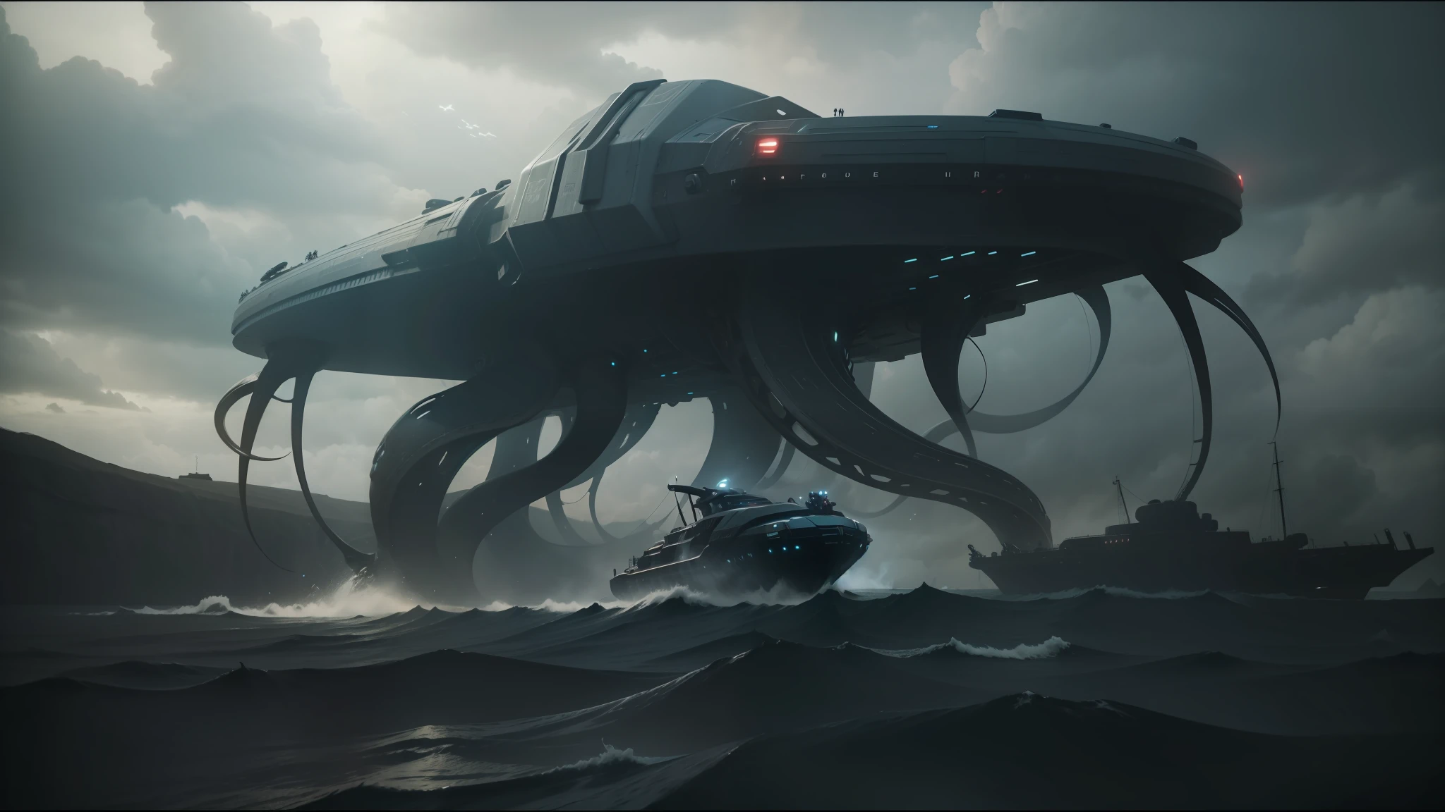 a close up of a giant squid floating in the air, transformers cinematic universe, very black sky, migrant mother, by Karel Klíč, cinematic still frame, buggy, in formation, roaming the colony, rendering of checkmate, surrounding cinematic light --auto --s2