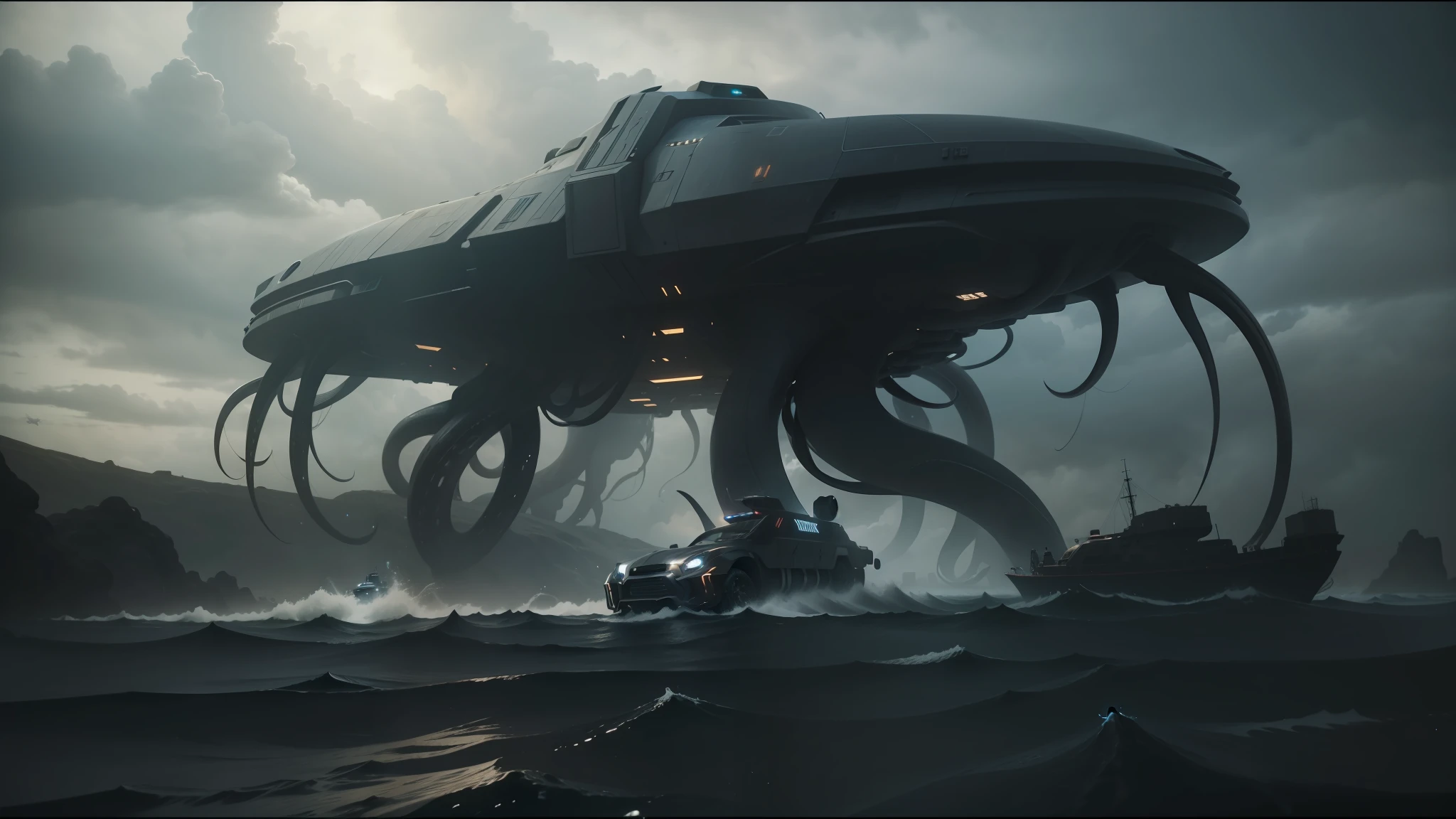 a close up of a giant squid floating in the air, transformers cinematic universe, very black sky, migrant mother, by Karel Klíč, cinematic still frame, buggy, in formation, roaming the colony, rendering of checkmate, surrounding cinematic light --auto --s2