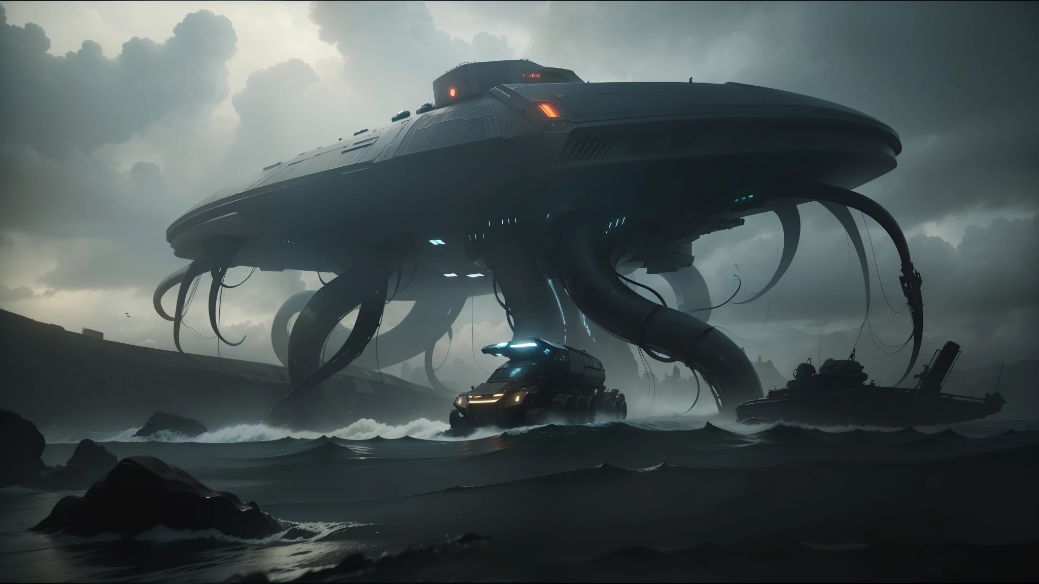 a close up of a giant squid floating in the air, transformers cinematic universe, very black sky, migrant mother, by Karel Klíč, cinematic still frame, buggy, in formation, roaming the colony, rendering of checkmate, surrounding cinematic light --auto --s2