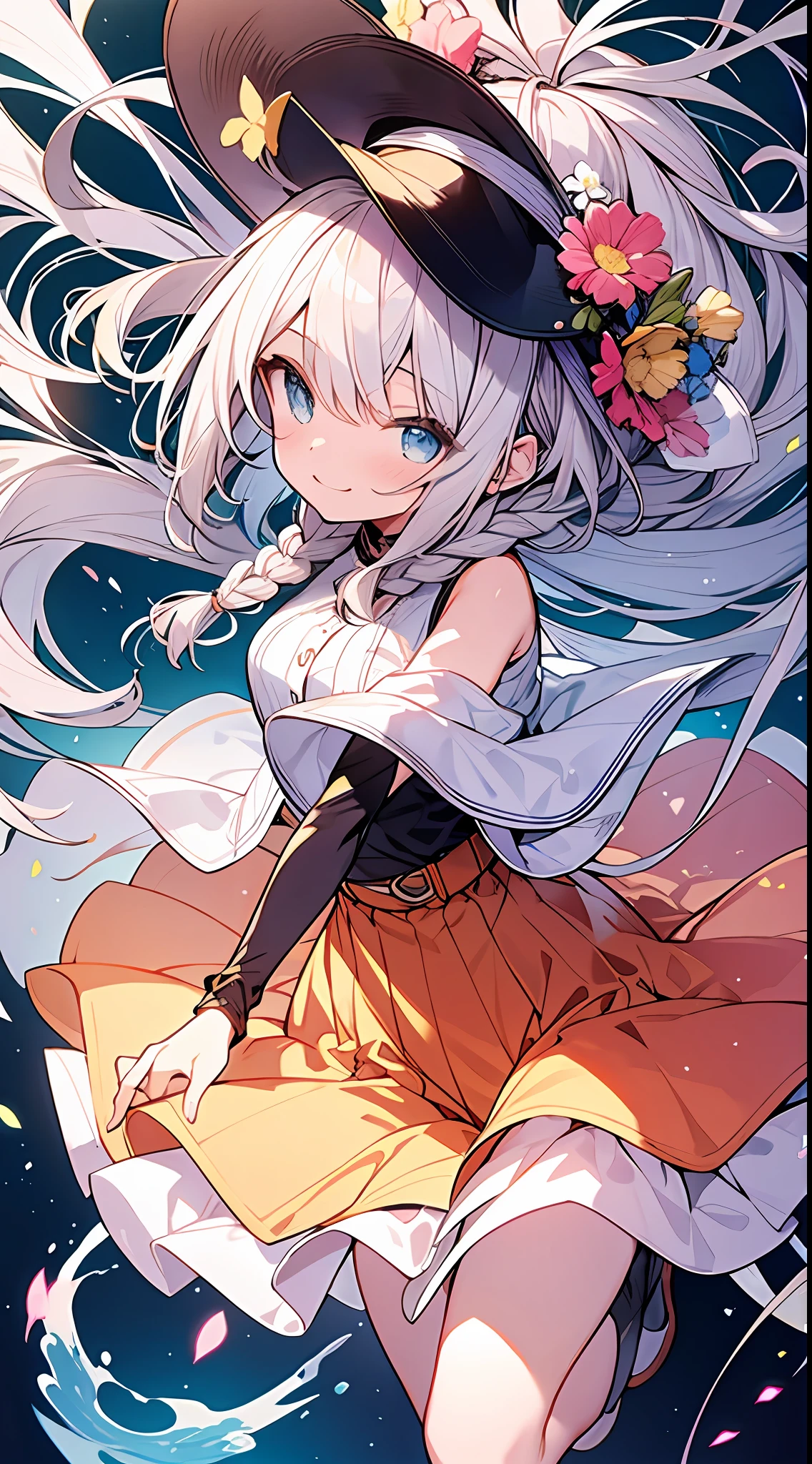 Top Quality, Masterpiece, High Resolution, 8k, Pastel Color, Light Shirt and Hot Pants and Anime Style , One Girl, Pretty Pose, Detailed Line Art, Bright White and Bright Amber Style, Frolic, Digital Enhancement, Close Up, Anime Core, Flowing Fabric, Hair Length and Short Braids to Shoulders, Beautiful Hair, Big Smile, Full Body Angle, Jumping