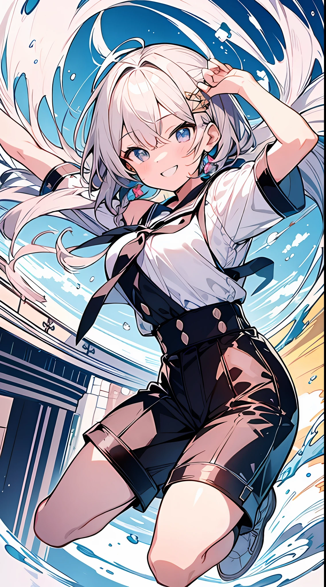 Top Quality, Masterpiece, High Resolution, 8k, Pastel Color, Light Shirt and Hot Pants and Anime Style , One Girl, Pretty Pose, Detailed Line Art, Bright White and Bright Amber Style, Frolic, Digital Enhancement, Close Up, Anime Core, Flowing Fabric, Hair Length and Short Braids to Shoulders, Beautiful Hair, Big Smile, Full Body Angle, Jumping