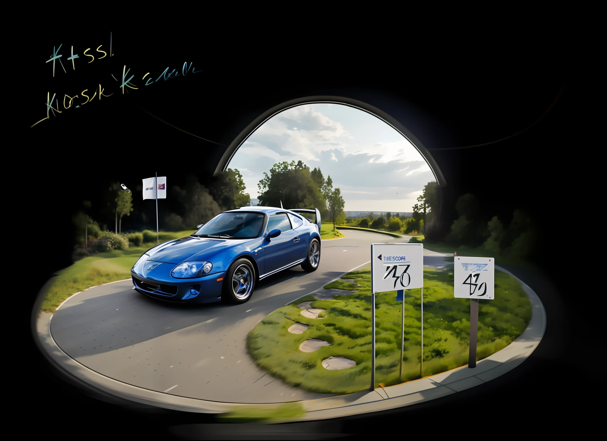 there is a blue car parked in front of a golf course, detailed color scan”, 3 6 0 capture, miniature of a sports car, 3 d illustration, 3d illustration, stylized digital illustration, digitally painted, “hyper realistic, desktop background, digital illustration -, 3 6 0 render panorama, inspired by Jeff Koons, toon rendering