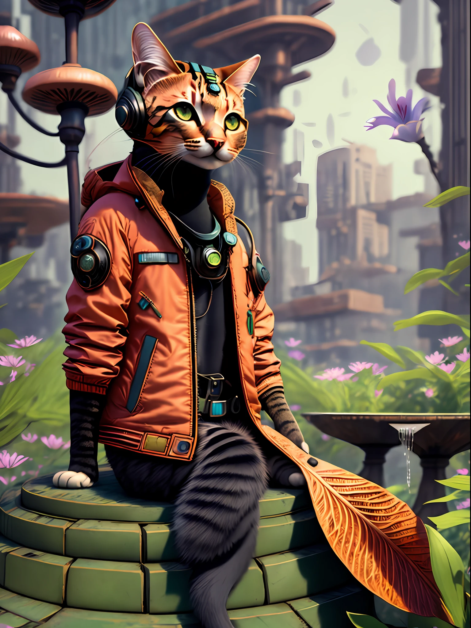 A cat with headphones and a jacket is sitting on a large lily leaf in a fountain. Cyberpunk and post-Soviet modernism  style themed, three sided view, UHD, anatomically correct, textured skin, super detail, high quality, 4K