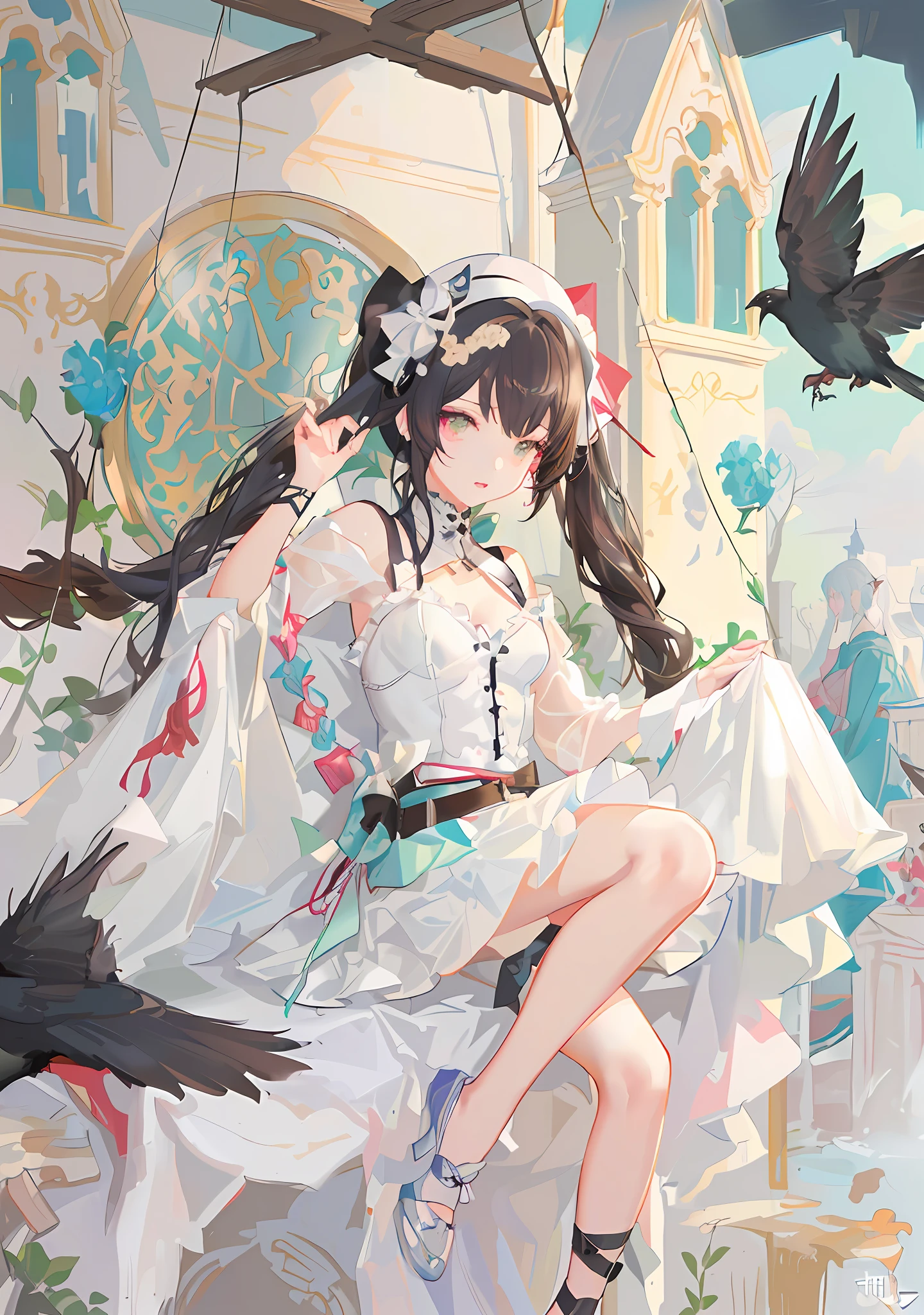 anime girl sitting on a chair with a bird flying around her, guweiz on pixiv artstation, guweiz on artstation pixiv, kawacy, artwork in the style of guweiz, trending on artstation pixiv, guweiz, digital art on pixiv, loli in dress, pixiv contest winner