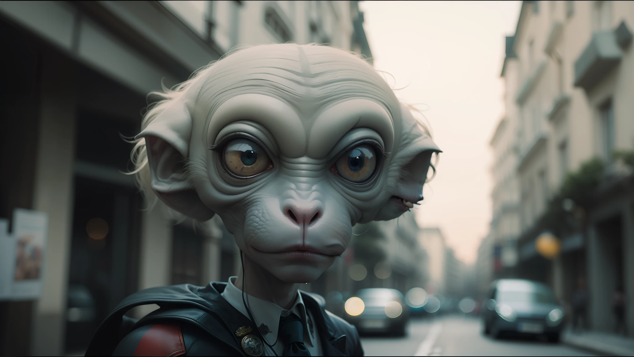 there is a very strange looking alien with big eyes, vitaliy bondarchuk, cinematic paris, awarded on cgsociety, awwwards, mr bean as captain america, yelena belova, mitch mcconnell as a turtle, inspired by Édouard Debat-Ponsan, looks like a mix of grimes, orelsan, screencap, baboon wearing a suit and tie --auto --s2