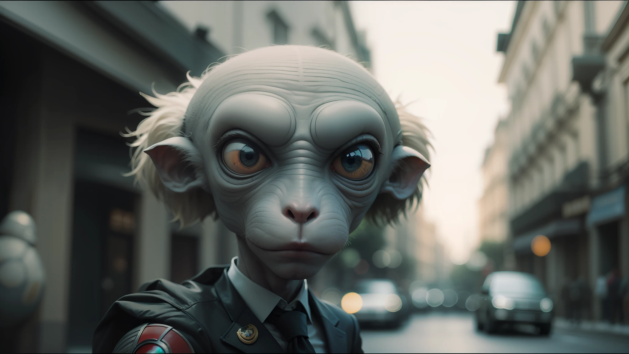 there is a very strange looking alien with big eyes, vitaliy bondarchuk, cinematic paris, awarded on cgsociety, awwwards, mr bean as captain america, yelena belova, mitch mcconnell as a turtle, inspired by Édouard Debat-Ponsan, looks like a mix of grimes, orelsan, screencap, baboon wearing a suit and tie --auto --s2