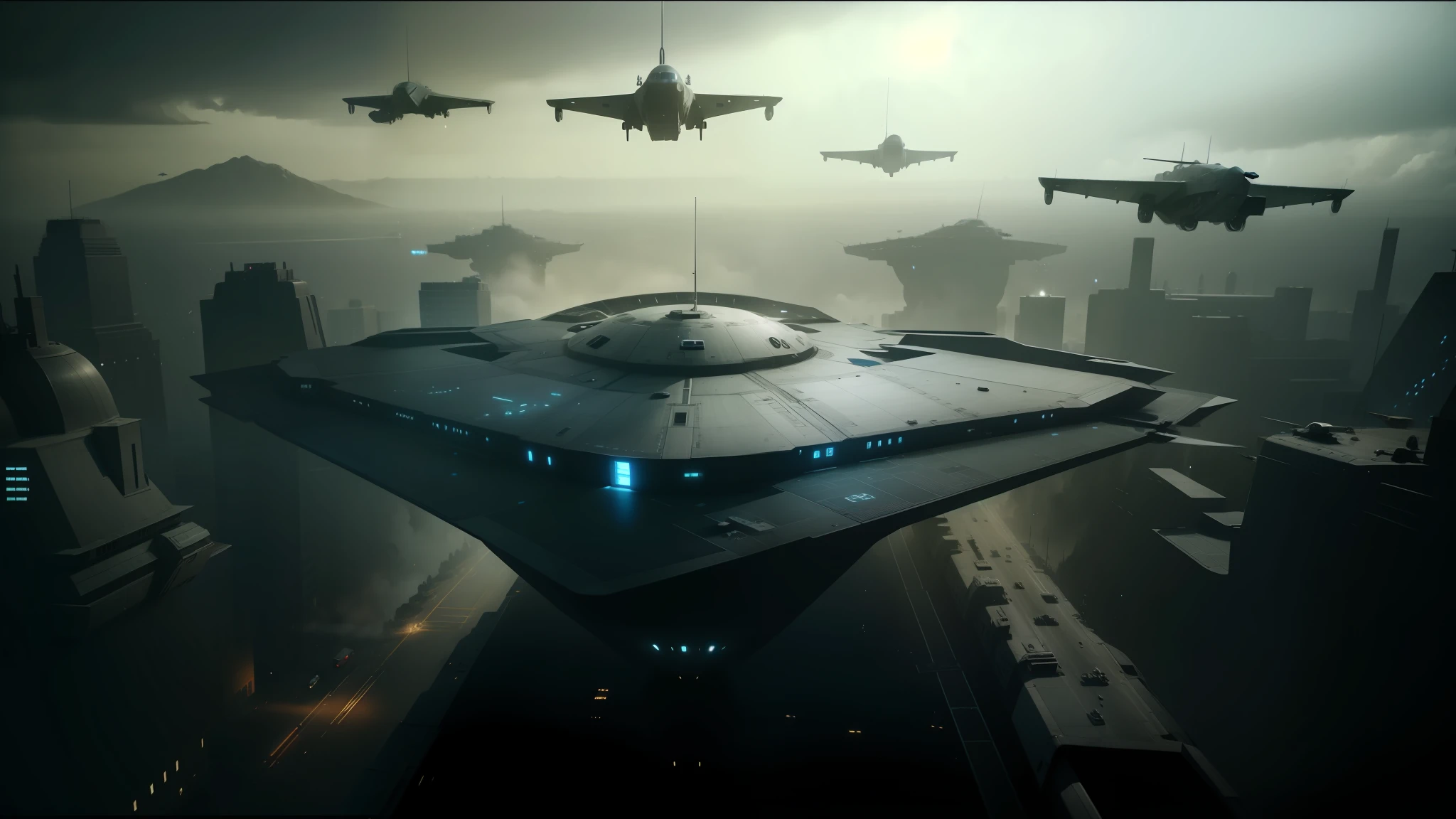 there are many planes flying over a city with a sky background, still frame from prometheus, interior of a star destroyer, inspired by Kanō Tan'yū, as illustrated in top cow comics, parade setting, in screenshot from the 300 movie, emperor secret society, by Edwin Dickinson, military design, teaser trailer footage, architectural concept, lockheed concept art --auto --s2