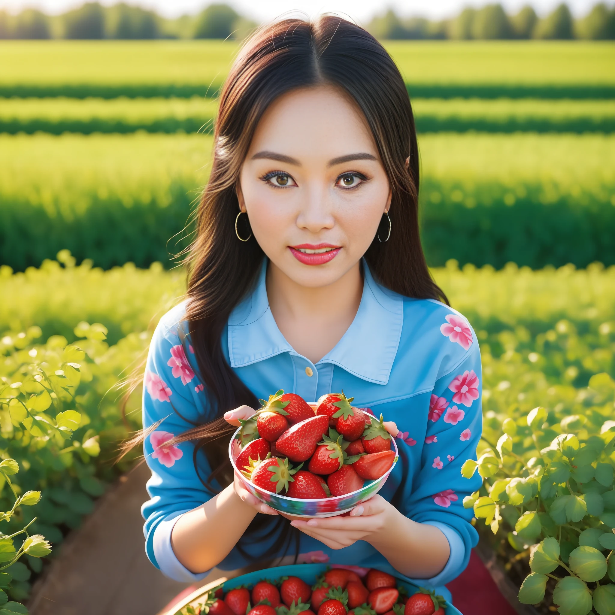 ((best quality)), ((masterpiece)), ((realistic)), Paint a vibrant and realistic still life of an Asian woman in her early 30s eating strawberries in a strawberry field. Capture the soft, natural sunlight illuminating the scene. The artwork should be in the style of Van Gogh, showcasing his signature brushstrokes and vibrant color palette. Use oil on canvas as the medium to bring out the richness of the colors. Create a visually captivating image that depicts the beauty and joy of enjoying nature's bounty.