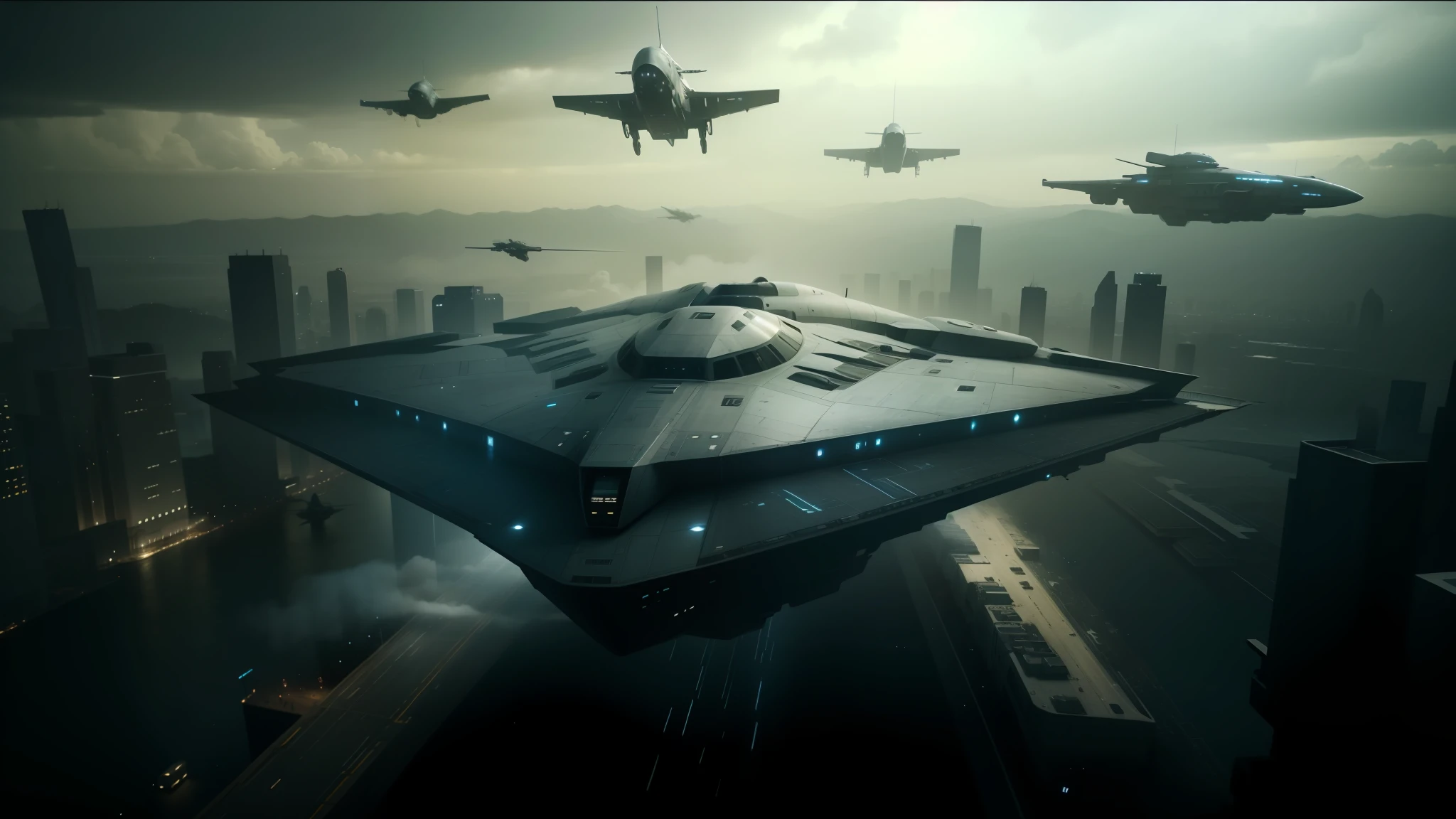 there are many planes flying over a city with a sky background, still frame from prometheus, interior of a star destroyer, inspired by Kanō Tan'yū, as illustrated in top cow comics, parade setting, in screenshot from the 300 movie, emperor secret society, by Edwin Dickinson, military design, teaser trailer footage, architectural concept, lockheed concept art --auto --s2