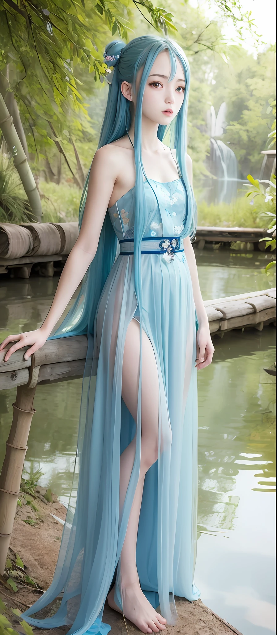 Masterpiece, best quality, official art, 8k wallpaper, very detailed, illustration, 1 girl, sky blue hair, long hair, detailed eyes, Forrest, bare shoulders, hanfu, lake, pure, soft smile, bamboo,