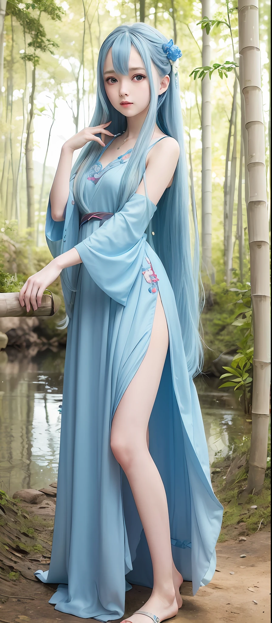 Masterpiece, best quality, official art, 8k wallpaper, very detailed, illustration, 1 girl, sky blue hair, long hair, detailed eyes, Forrest, bare shoulders, hanfu, lake, pure, soft smile, bamboo,