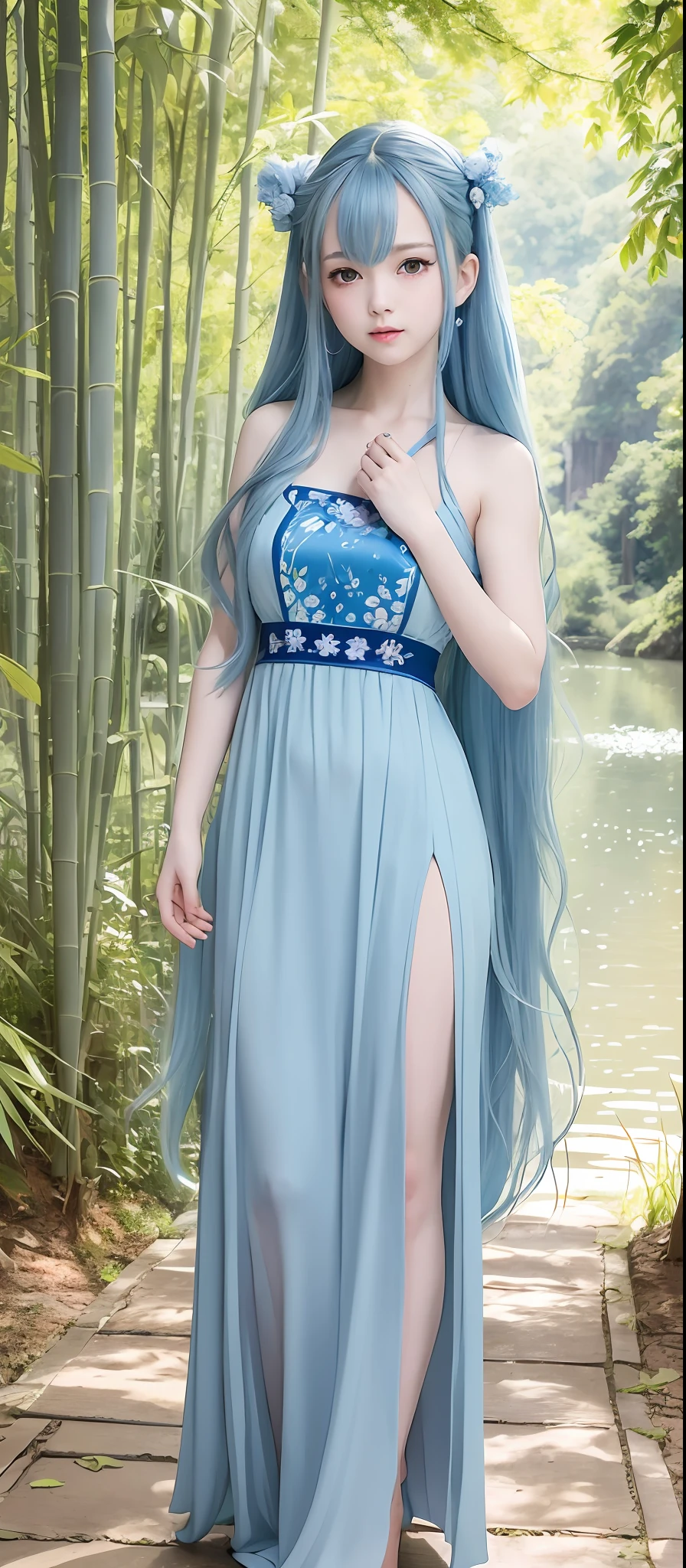 Masterpiece, best quality, official art, 8k wallpaper, very detailed, illustration, 1 girl, sky blue hair, long hair, detailed eyes, Forrest, bare shoulders, hanfu, lake, pure, soft smile, bamboo,