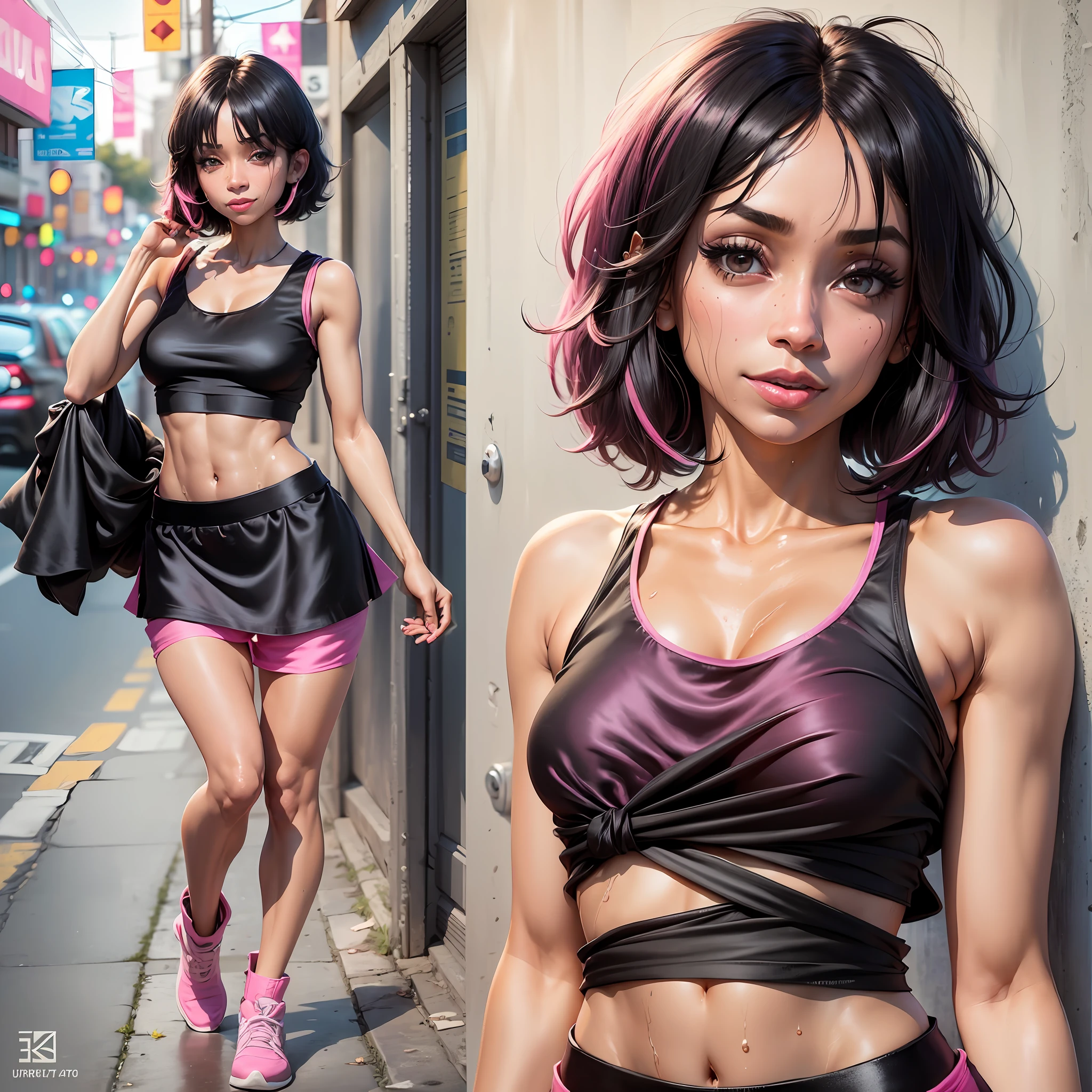 ((Tamara Taylor)), (solo), (a detailed full-body RAW photo of a girl), (masterpiece: 1), (best quality: 1.4), (ultra high resolution: 1.2), (photorealistic: 1.4), 8k resolution, Canon EOS R5, 50mm, absurd, ultra detailed, sharp focus, cinematic lighting, detailed beautiful face, (makeup: 1.2), (ulzzang-6500-v1.1), detailed skin texture, round chest, (slim and fit body: 1.3), thigh gap, (black-pink short straight hair:1.5), (straight hair),  smiling, (tight black tank top:1.4), (short silk miniskirt:2), realistically glittering skin, (cameltoe:1.5), (sweating:1.5), slim waist, seductive smile, solo, (on the bed), whole body --auto --s2