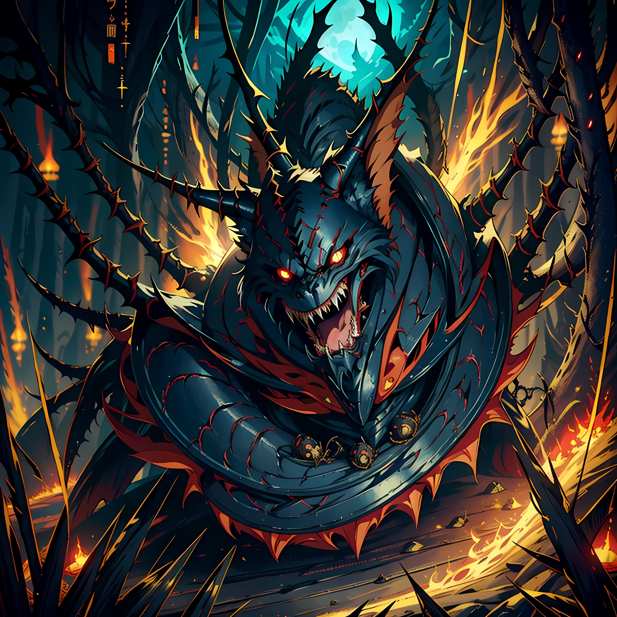 there is a picture of a card with a picture of a monster, from arknights, synthetic maw, the former demon king, one a demon-like creature, one a demon - like creature, [ tarot card ]!!!!!, venomfang, collectible card art, from overlord, mantis head monster god temple, trading card, card art, front game card