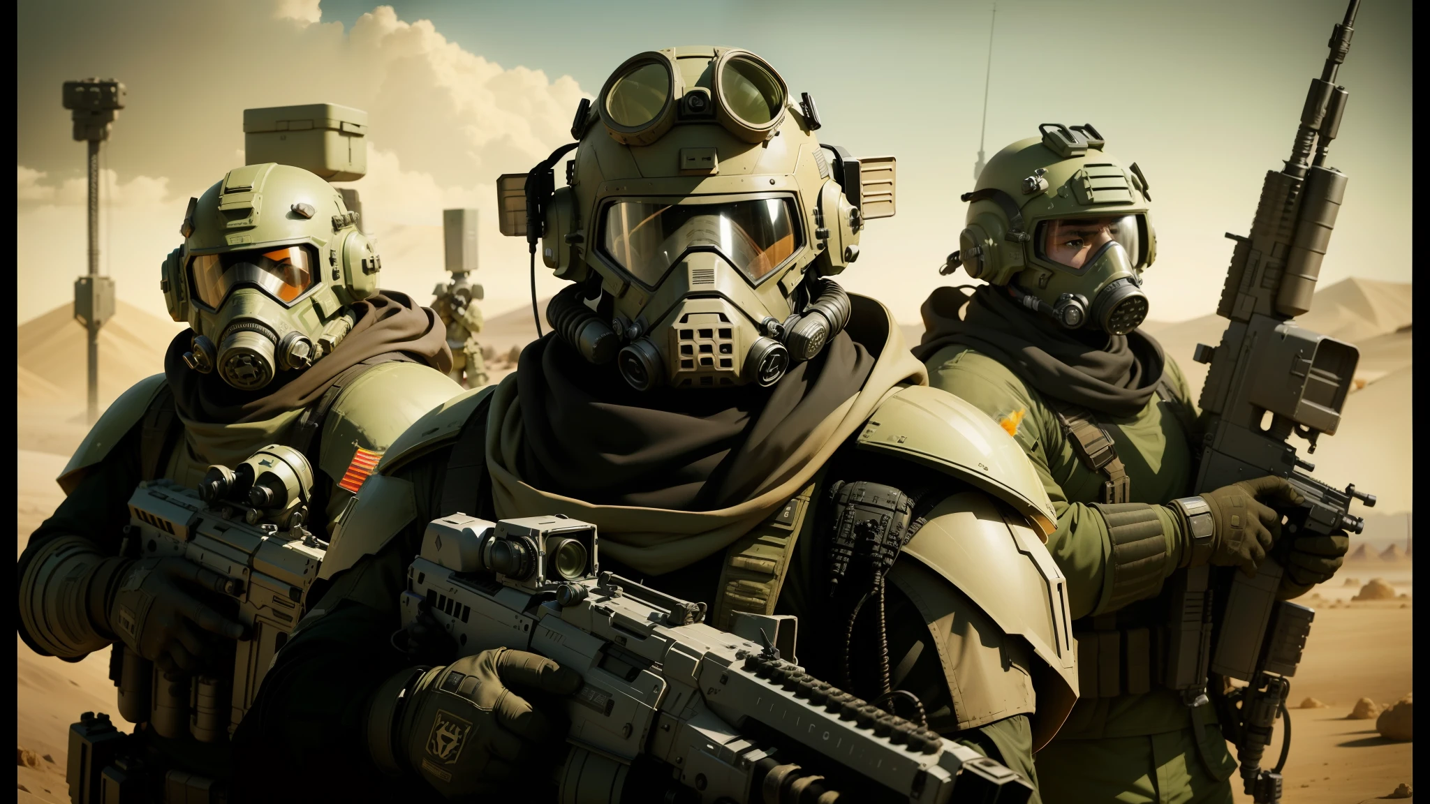 three soldiers in gas masks with guns and helmets in a desert, concept creature character art, star craft, detailed faces, inspired by Todd Lockwood, portrait of an ork, skinny grunt face, imperial officers in white, fishpeople, still frame from a movie, 3d graphics --auto --s2
