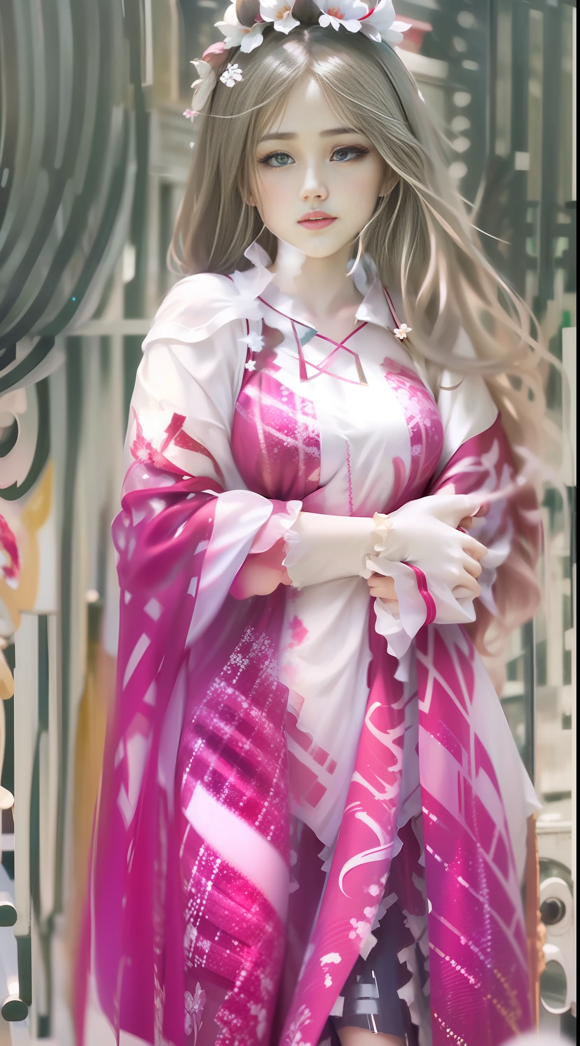 At sunset, by the river, there is a girl in a floral dress, Medium long hair, ray tracing, {best quality}, { {masterpiece}}, extremely detailed 8K wallpaper, {an extremely delicate and beautiful}, realistic, real, camera quality, (meticulously portrayed clothes), cold white skin, (meticulously portrayed blush), 1080p, sun, soft cute, smooth light silver hair, messy beauty, lighting, shattered feeling, shiny and silky skin, 3D stereoscopic, masterpiece, best quality, illustration super fine, beautiful eyes, Very delicate light, fine glow, very fine 8K CG wallpaper, peach blossom eyes, red pupils, an extremely delicate and beautiful girl, 8k wallpaper, best quality, full body close-up, white long dress, luxurious silky bright red chiffon flood (illusion, glitter, ultra-thin, soft,) Hanfu