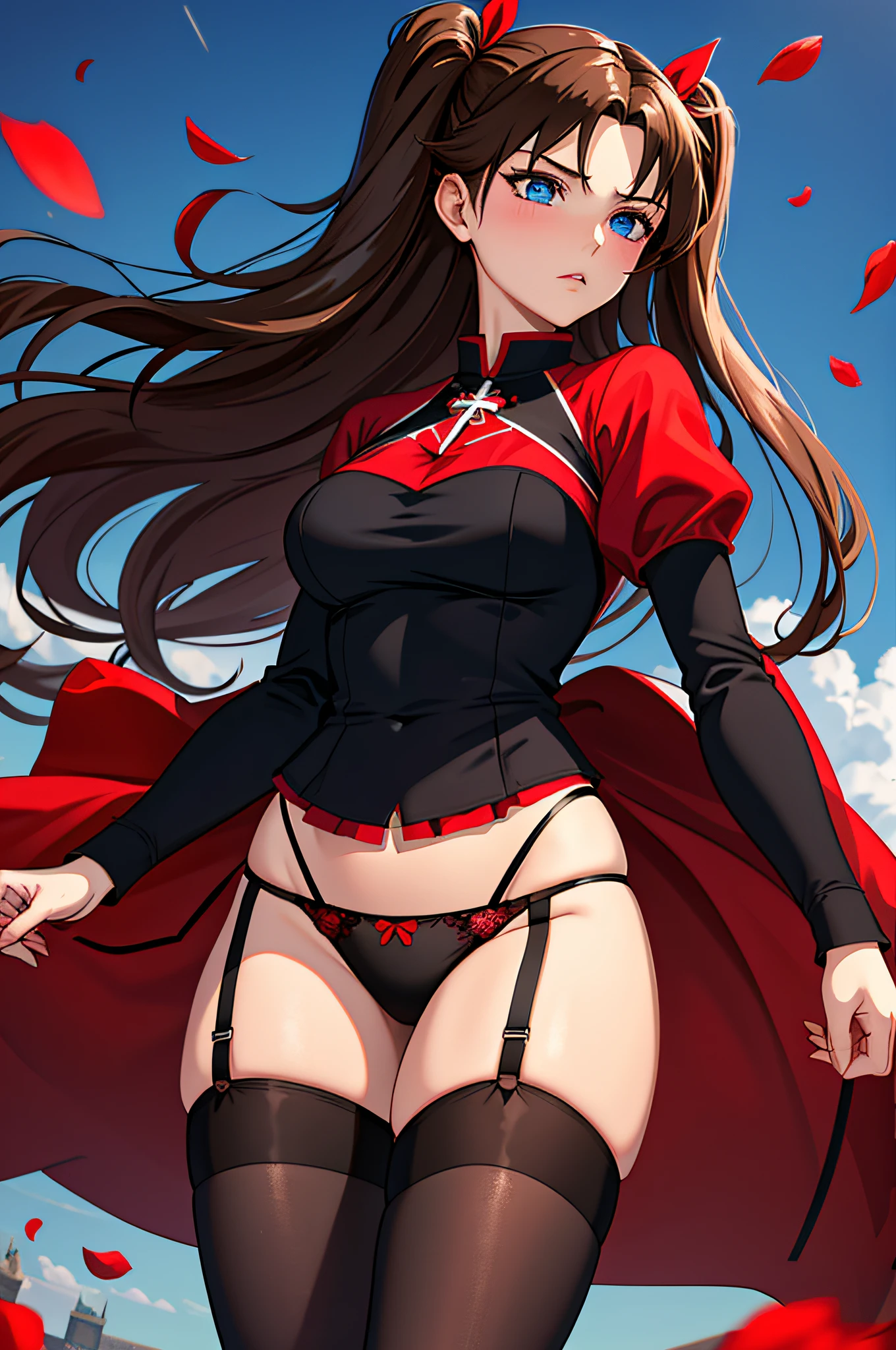 masterpiece, best quality,1girl, tohsaka rin, solo, long hair, thighhighs, underwear, panties, two side up, blue eyes, black thighhighs, garter belt, black panties, clothes lift, petals, brown hair, navel, breasts