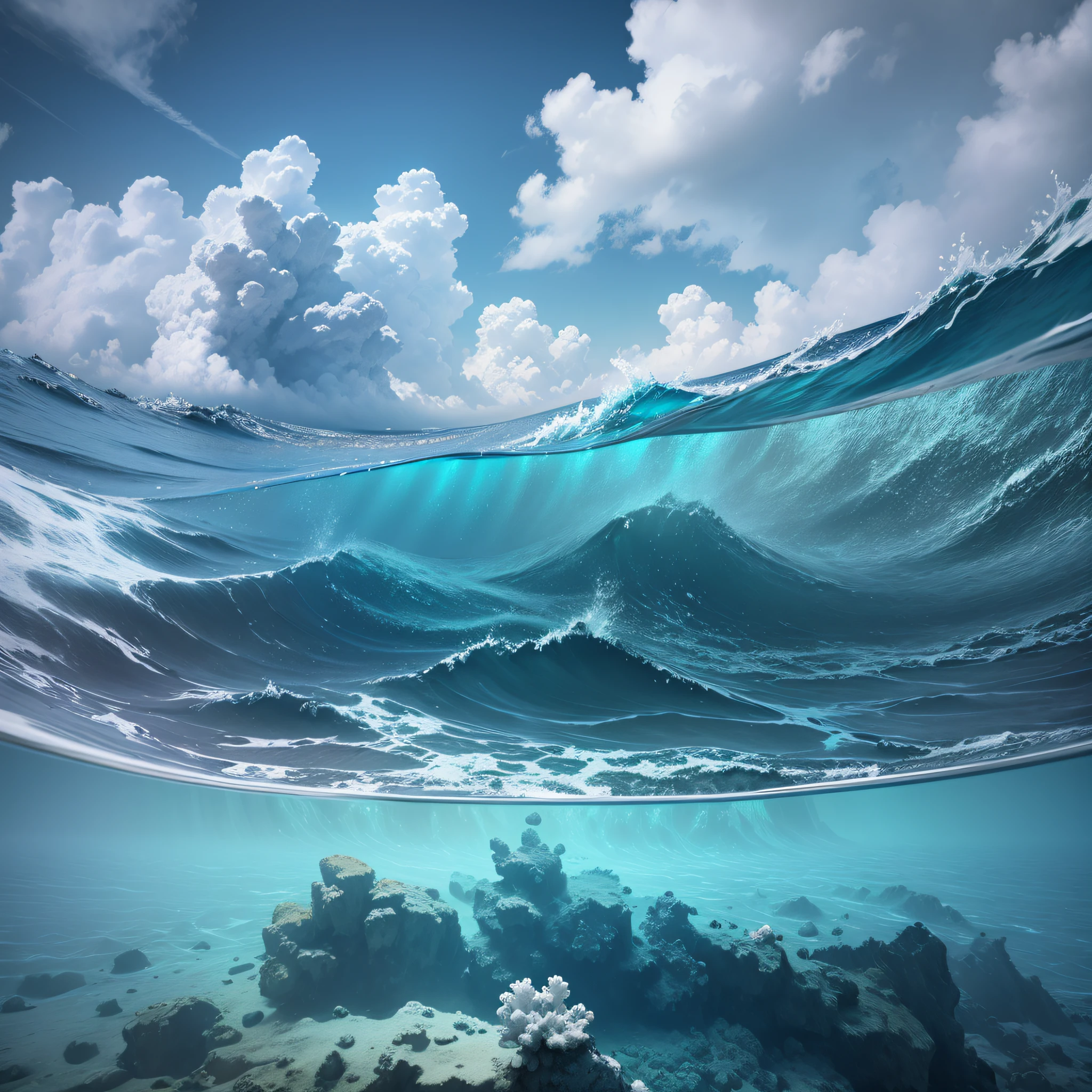 Cloudy ocean, depicted as 3D rendering, digital rendering, CGI rendering, highly photographic rendering, seascape, high detail. Octane rendering, bottom view, high quality product image", digital rendering, volumetric underwater lighting, 3/5 cloudy clouds, silvery-blue frame, nothing in the center of the frame --auto --s2