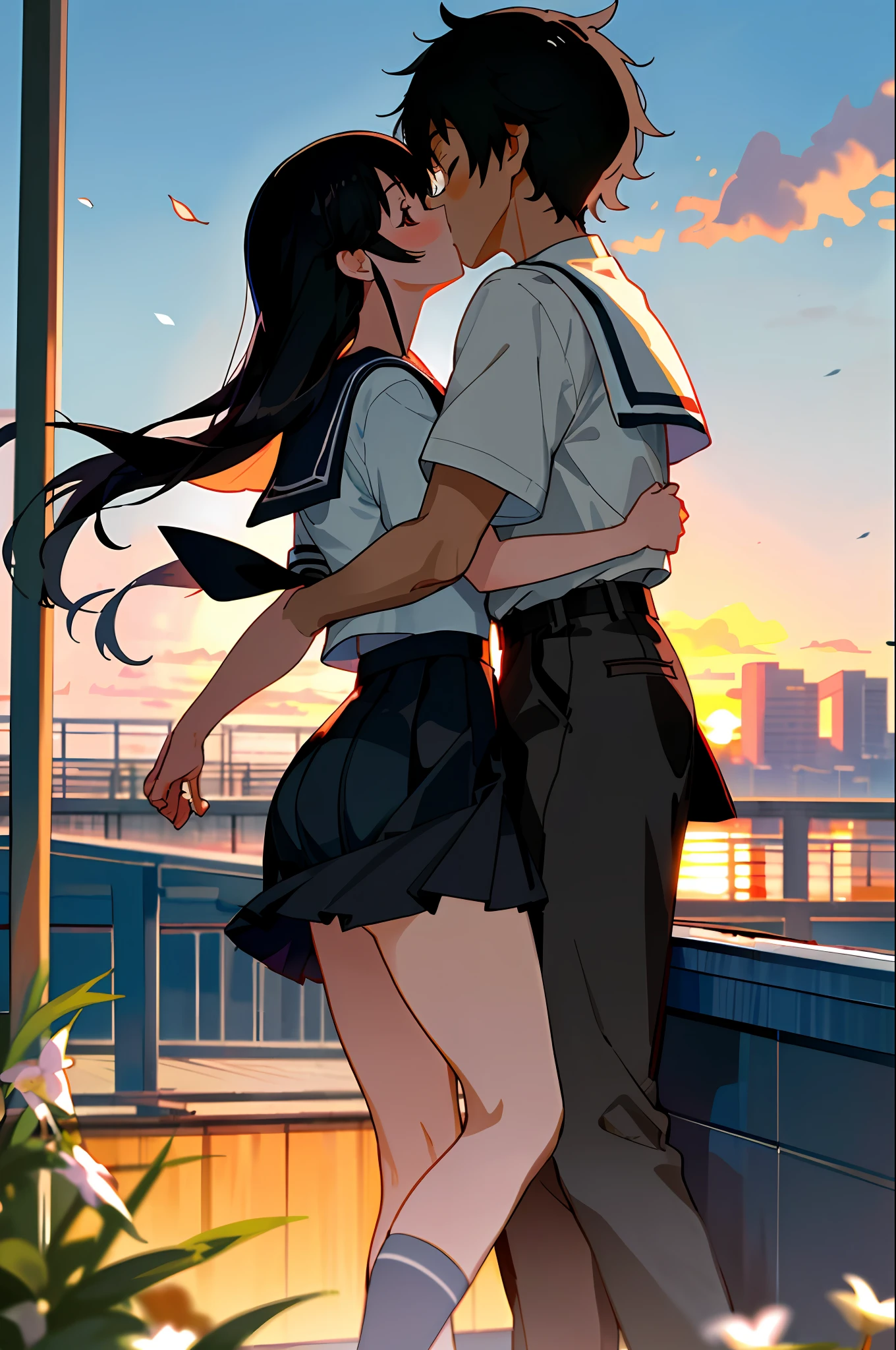((Masterpiece,Best Quality)),Ghibli,Couple, Kiss, Uniform, Sailor Suit, Black Hair Long, Black Skirt, Big, Big Ass, Couple, Cherry, Sunset, Flower,Couple, Youth, School Rooftop,
