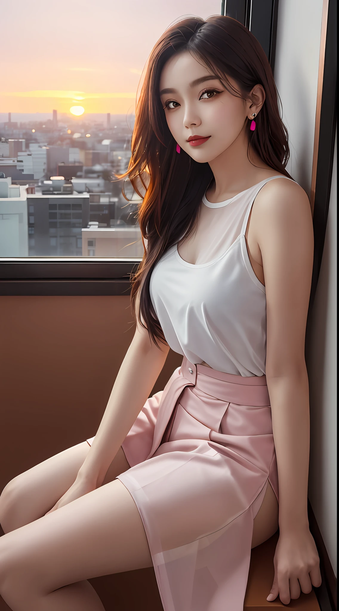 1 beautiful girl, sad girl, sitting by the window, long hair, beautiful face without blemishes, rosy face, earrings, brown eyes, thin eyebrows, most thorough makeup is eyelashes, Pink lipstick, lips petite, graceful smile, The breasts are full and round, slim waist, moderately big butt, long legs, wear a thin white shirt that reaches to the waist, black mesh stockings, long hair, one afternoon, sunset is fading, sky color orange, clear sunset background image, sad girl, sitting by the window, quality best image quality, 8k quality, real girl, girl portrait sitting by the window, artwork, upper body