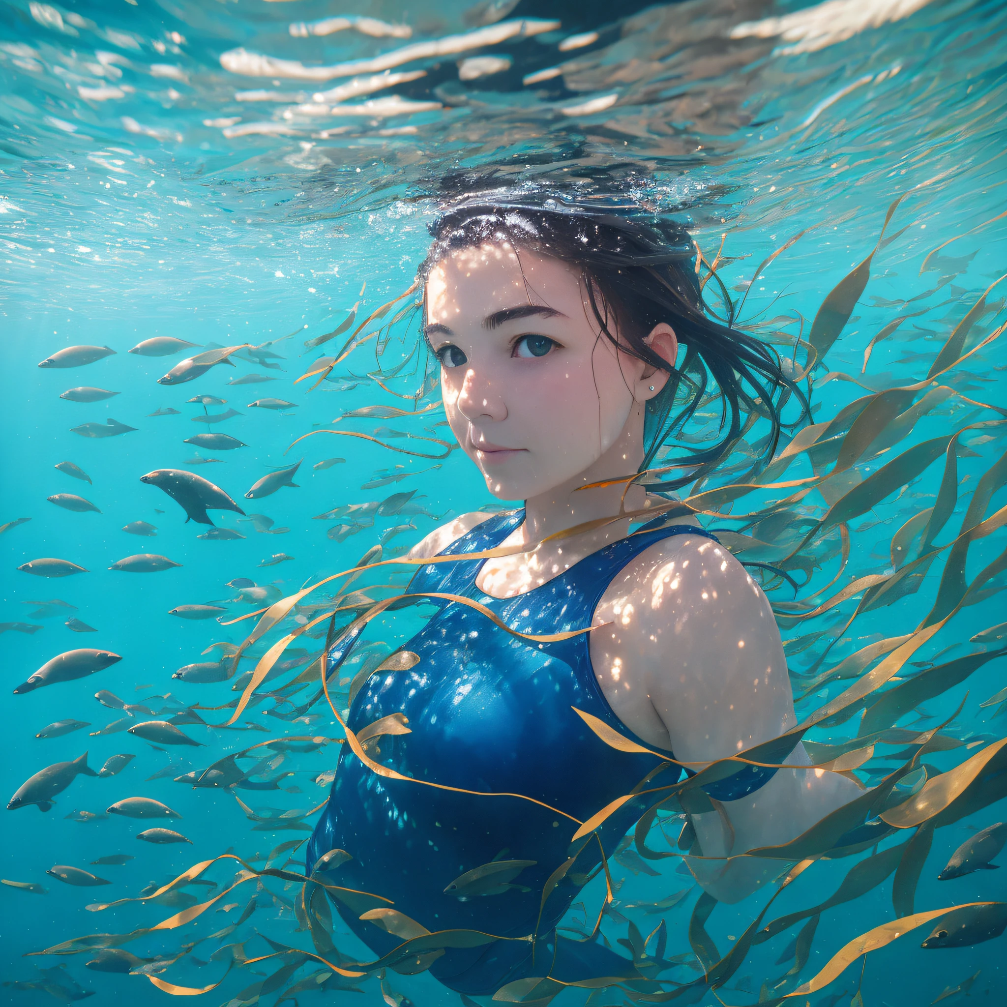 8k, RAW photo, best quality, masterpiece: 1.2), (realistic, photorealistic: 1.37), freediver girl, swimming surrounded by seals, underwater world, kelp, cold water, wildlife, seals, natural light, sunlight --auto --s2