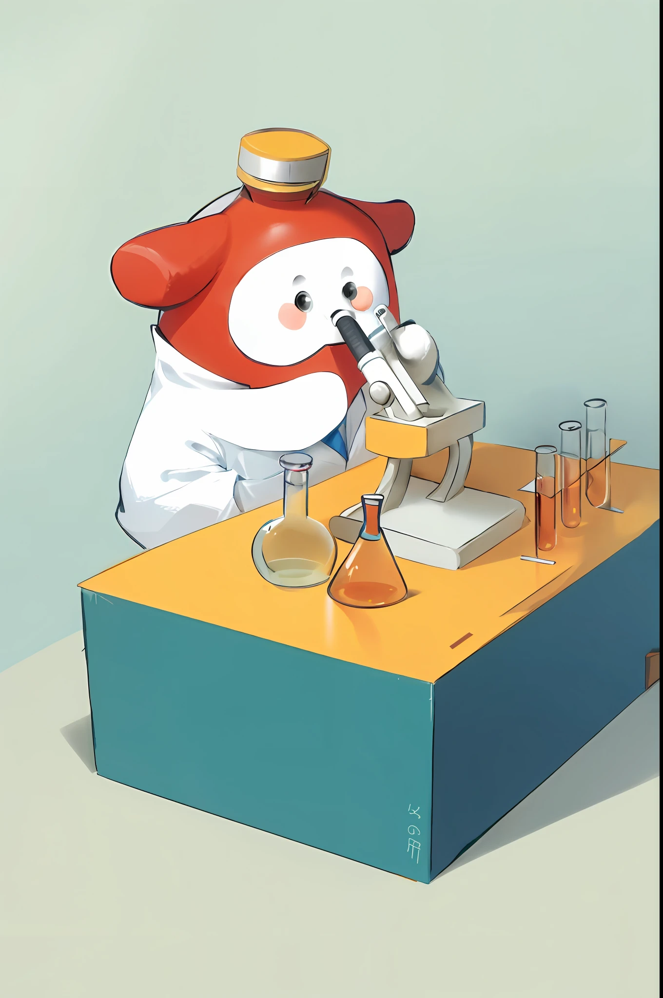 Moutai, mascot, dressed as a scientist, microscope, test tube, beaker, detection, box, high precision illustration