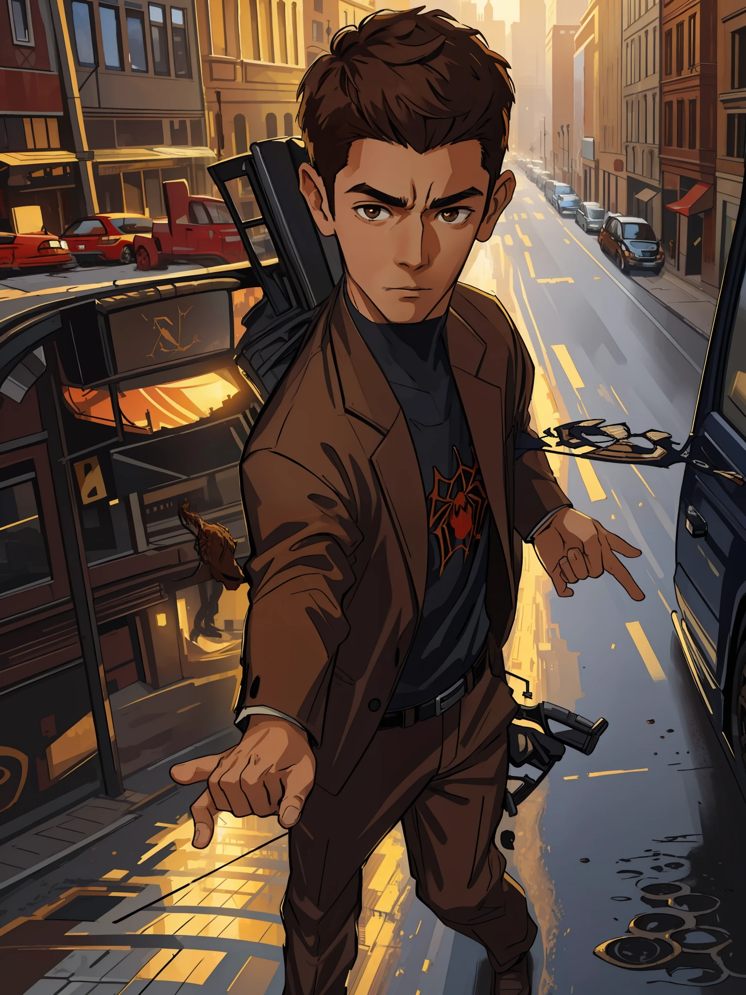 (masterpiece, best quality), intricate details, 8k, artstation, wallpaper, official art, splash art, sharp focus,
1boy, short brown hair, brown eyes, brown hair, 
 spider suit, spider web printing, spider web,  
skyscrapers, city, buildings, cars, street,
