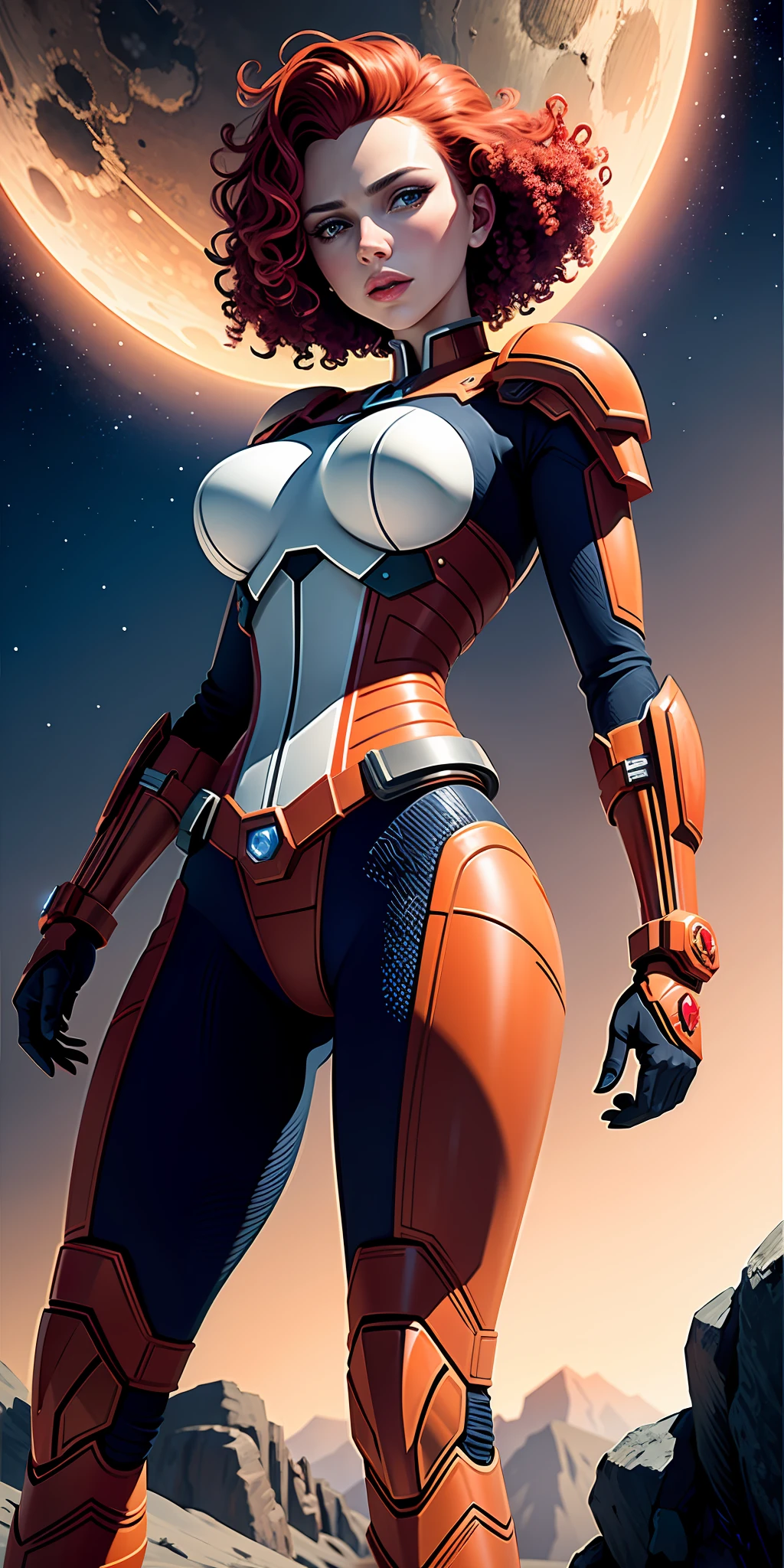 Scarlett Johansson on an alien planet, bright red curly hair, very beautiful figure, large breasts, very narrow waist, wide hips, sexy defiant pose, bright cyber armor, bright white and orange inserts on the armor, shoulder pads, a lot of details, spy gadgets hung on the armor, super detail, subdued night light, contrasting shadows, highlights, comic book superhero, 4k quality