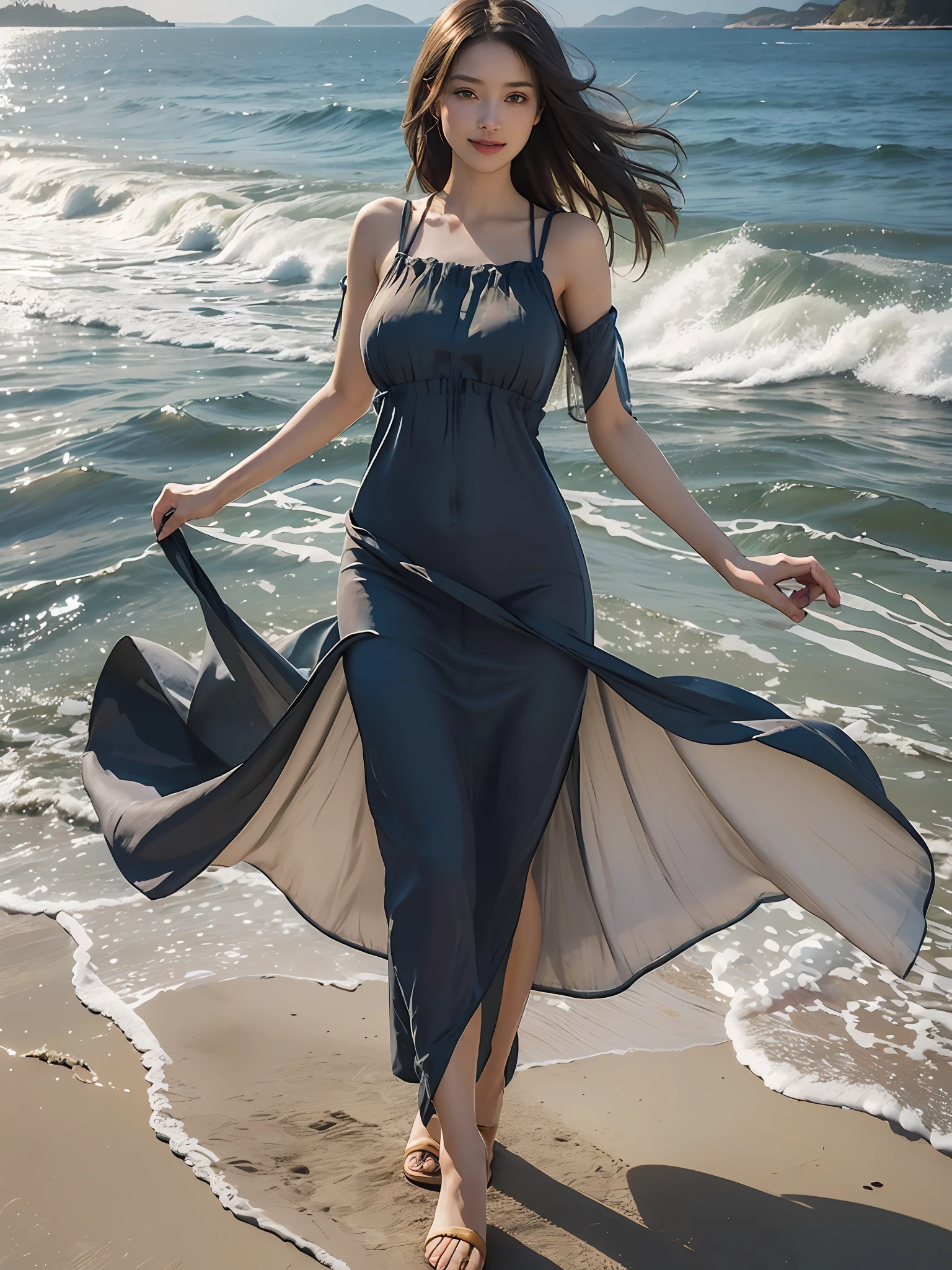 Best quality,masterpiece, ultra high res, (photorealistic:1.4), raw photo,(slender legs),(beautiful hands),1girl,solo,standing,((maxi dress:1.5)),in the dark, deep shadow,(jimmy choo), (floating colorful wind:1) ,(full body),Perfect eyes, perfect face, Beach, sea, smile,low key, Slim figure, ((golden ratio figure)), ((perfect long legs))