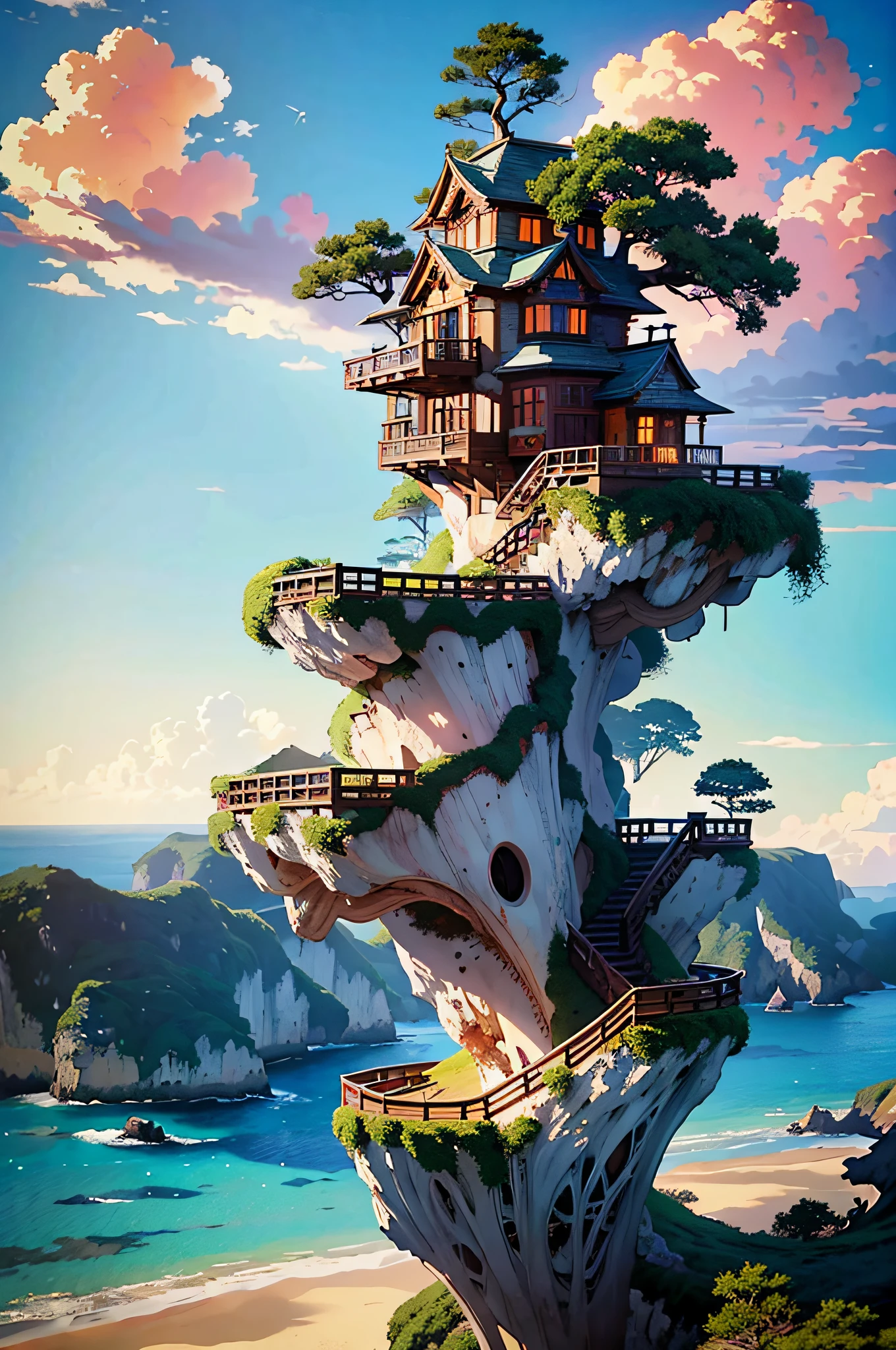 there is a tree house on a cliff overlooking the ocean, anime background art, anime background, amazing wallpaper, anime landscape wallpaper, beautiful anime scenery, makoto shinkai cyril rolando, anime scenery, anime scenery concept art, anime art wallpaper 8 k, anime art wallpaper 4 k, anime art wallpaper 4k, a beautiful artwork illustration, beautiful anime scene