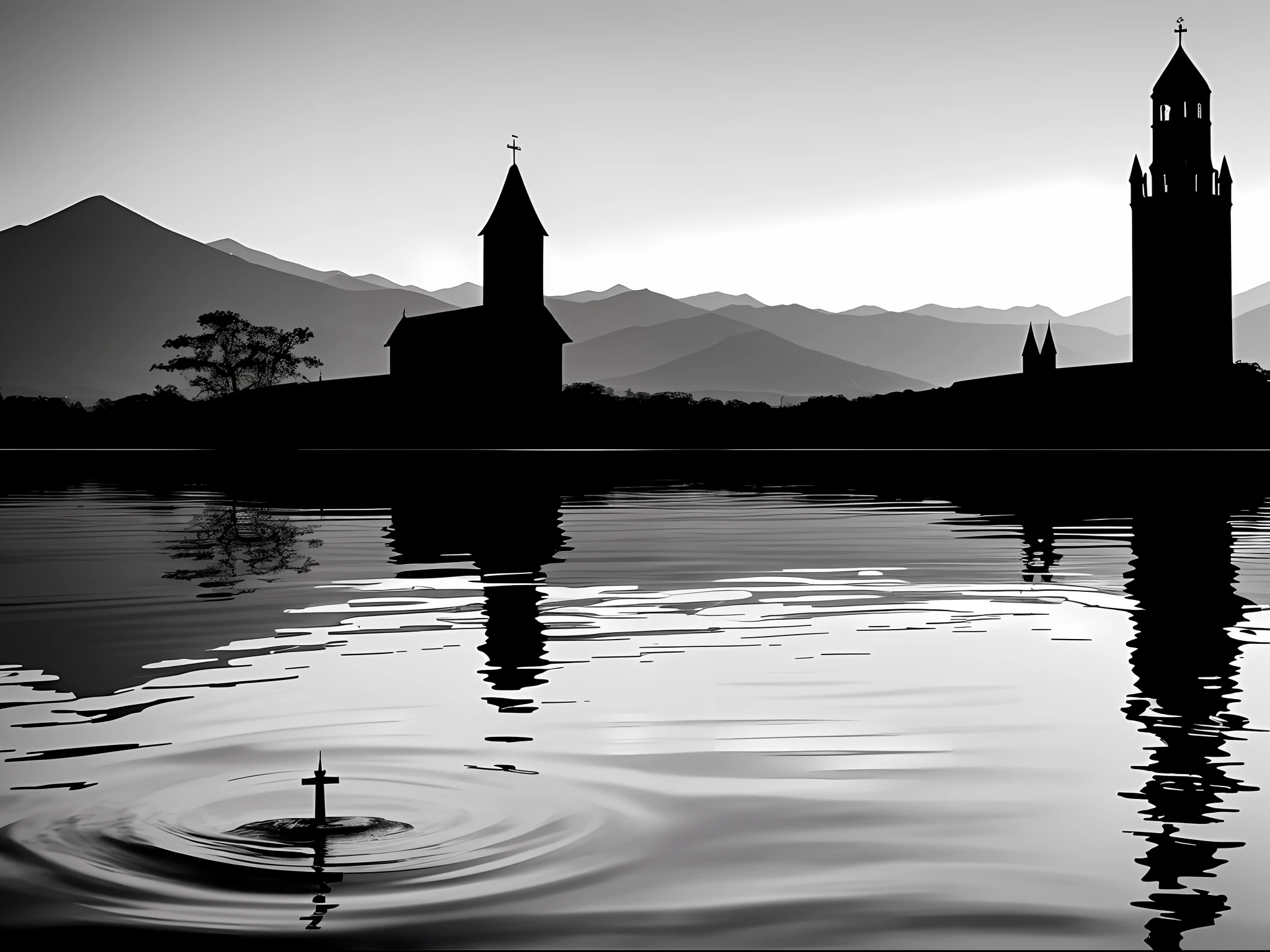 (best quality), the silhouette of a tower from a flooded chapel rises out of the water, surrounded by mountains.