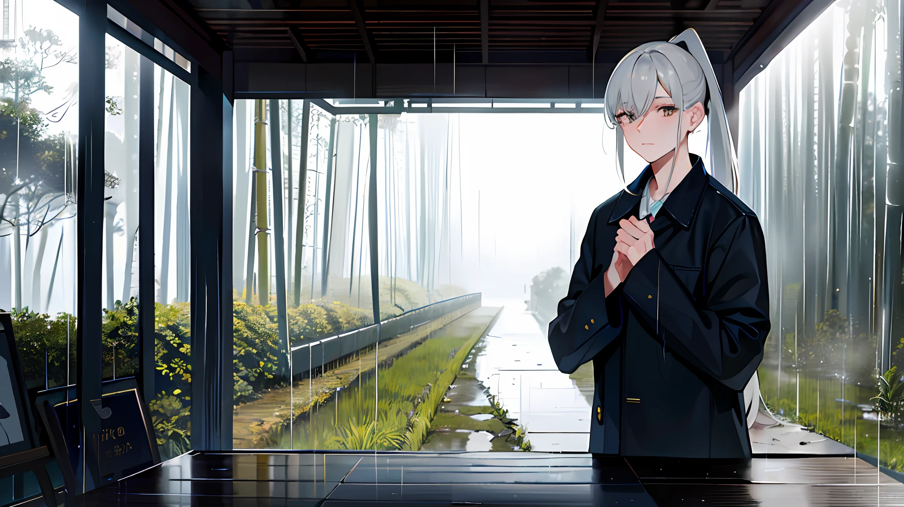 masterpiece, top quality, 1boy, rainy season, heavy rain, rain shelter, old bus stop, bamboo forest, fantastic, gray hair, ponytail, golden eyes,