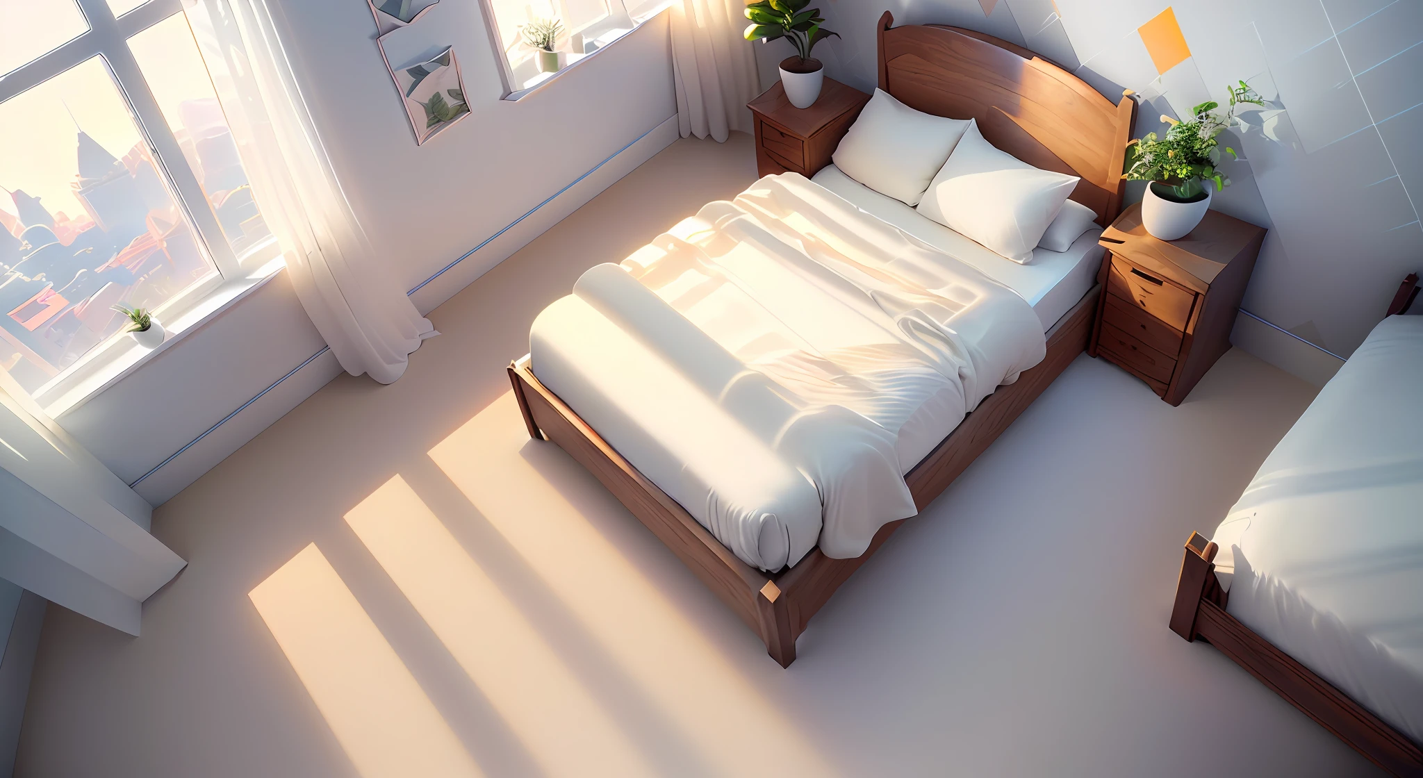 Isometric room, pure white background, best quality, ((low polygon), (view from window), (very detailed CG unified 8k wallpaper), (best quality), (best illustration), (best shadow), (bedroom)), cream style, pastel tones, light curtain, carpet, wardrobe, cotton linen, wooden furniture, soft light, plants, painting, vase, octane rendering, ray tracing, super detailed