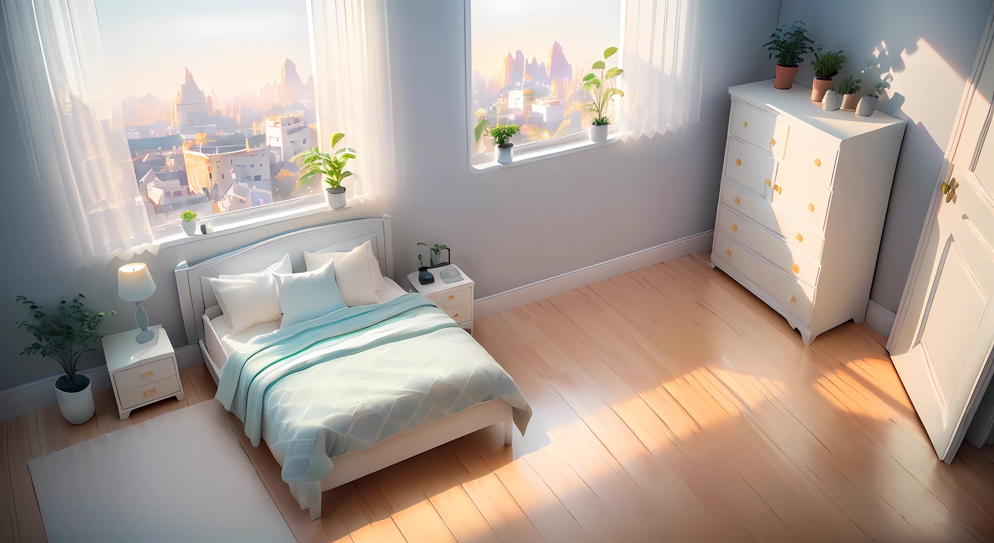 Isometric room, pure white background, best quality, ((low polygon), (view from window), (very detailed CG unified 8k wallpaper), (best quality), (best illustration), (best shadow), (bedroom)), cream style, pastel tones, light curtain, carpet, wardrobe, cotton linen, wooden furniture, soft light, plants, painting, vase, octane rendering, ray tracing, super detailed