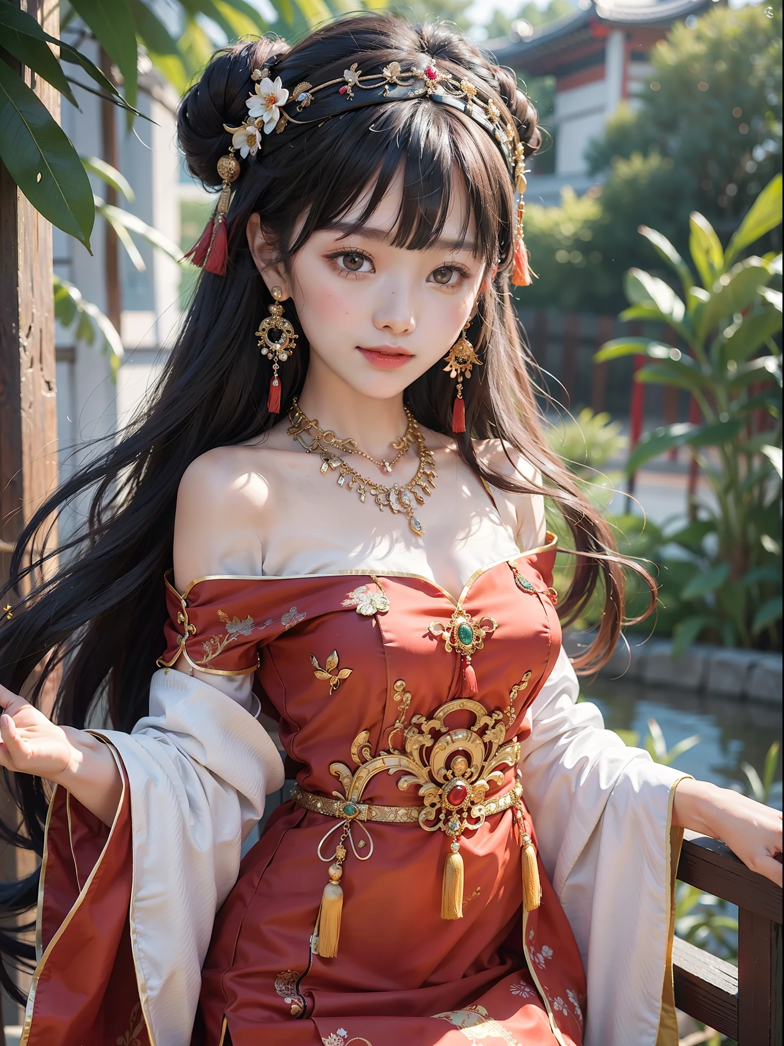 Best quality masterpiece photograph of Chinese girl wearing traditional dress, ornate headdress, earrings, black hair, fringe cut bangs, hair ornament, jewelry necklace, detailed skin texture, detailed cloth texture, detailed face, super detail, 8k, intricate detail, ancient Chinese background, smiling, full body photo