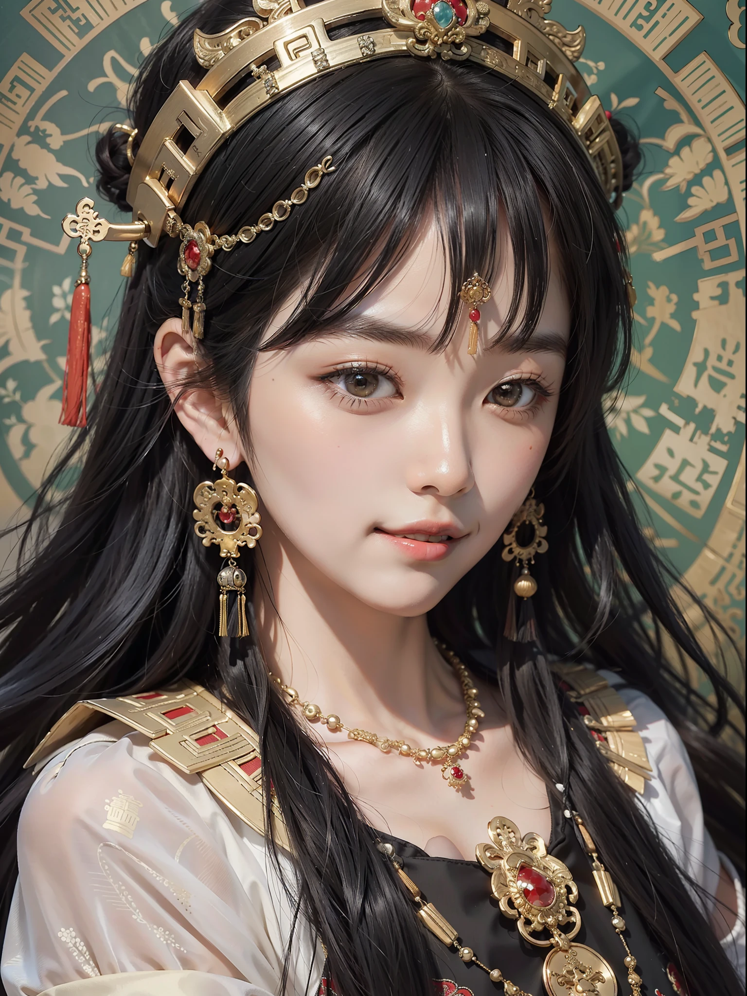 Best quality masterpiece photograph of Chinese girl wearing traditional dress, ornate headdress, earrings, black hair, fringe cut bangs, hair ornament, jewelry necklace, detailed skin texture, detailed cloth texture, detailed face, super detail, 8k, intricate detail, ancient Chinese background, smiling, full body photo