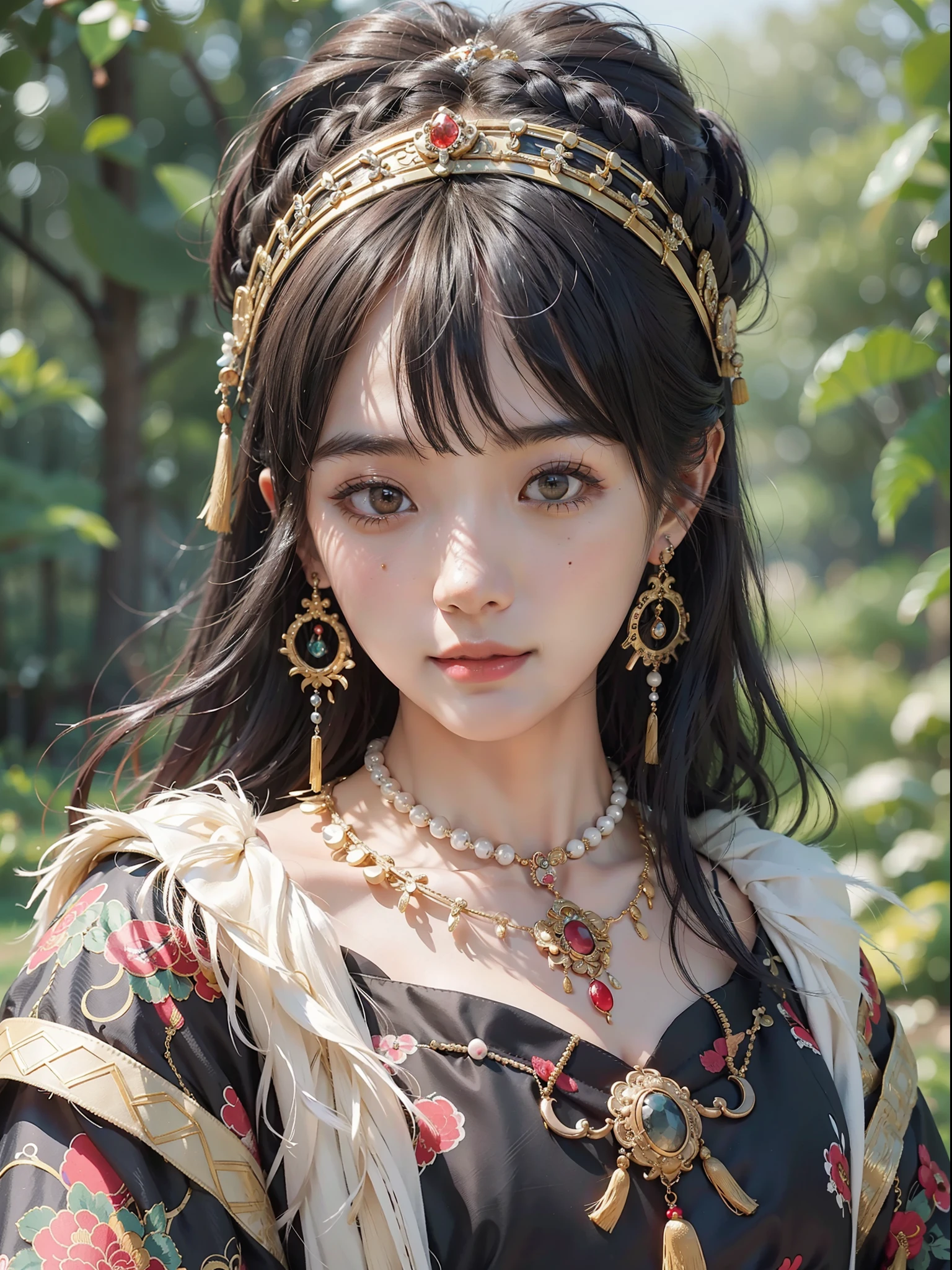 Best quality masterpiece photograph of Chinese girl wearing traditional dress, ornate headdress, earrings, black hair, fringe cut bangs, hair ornament, jewelry necklace, detailed skin texture, detailed cloth texture, detailed face, super detail, 8k, intricate detail, ancient Chinese background, smiling, full body photo