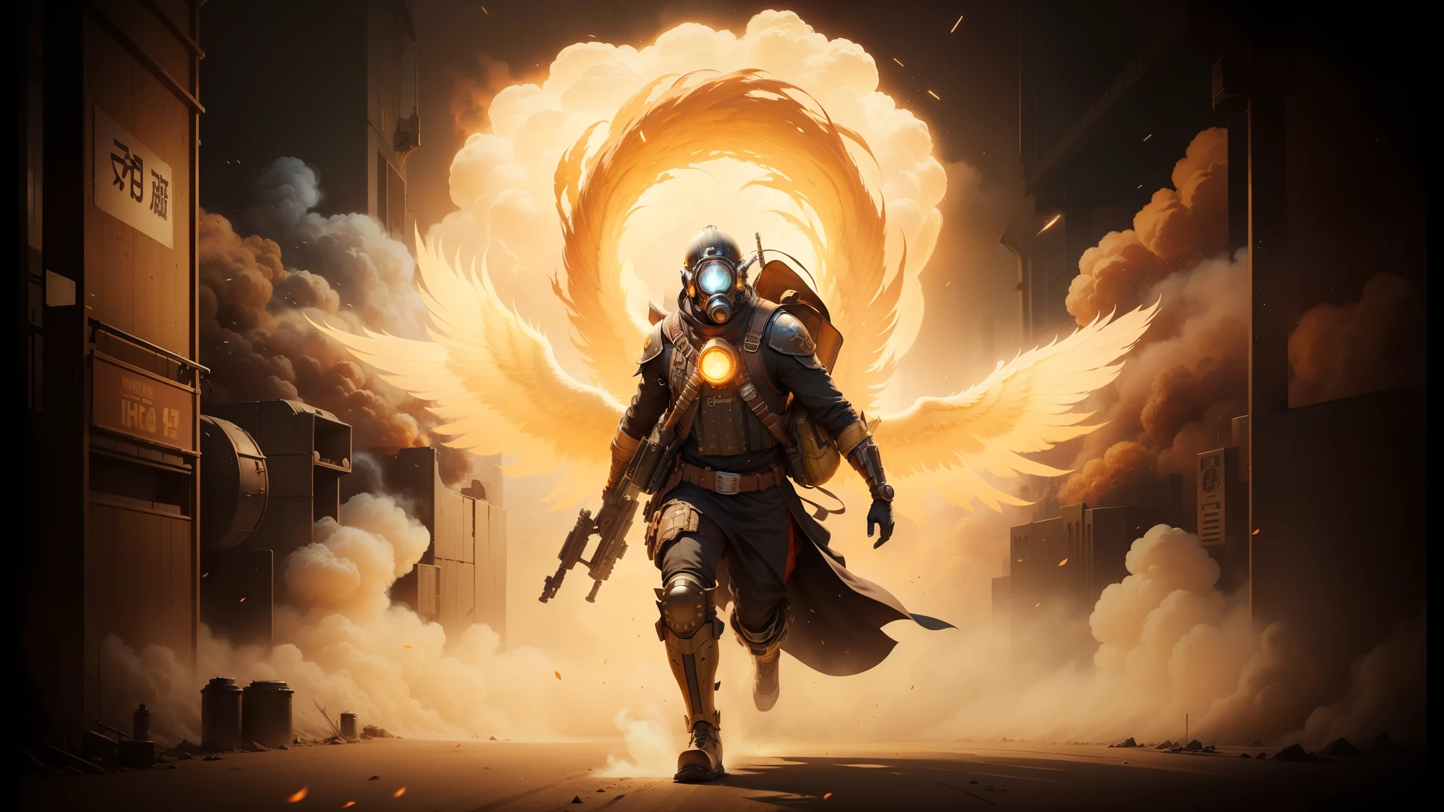 arafed image of a man in a gas mask running through a tunnel, yasuke 5 0 0 px models, explosions and lasers, in detailed steampunk dress, artwork of a phoenix, film still from dune 2020, charlie bowater and artgerm, featured on pexels, nuclear bomb blast, necromunda, the pyro --auto --s2