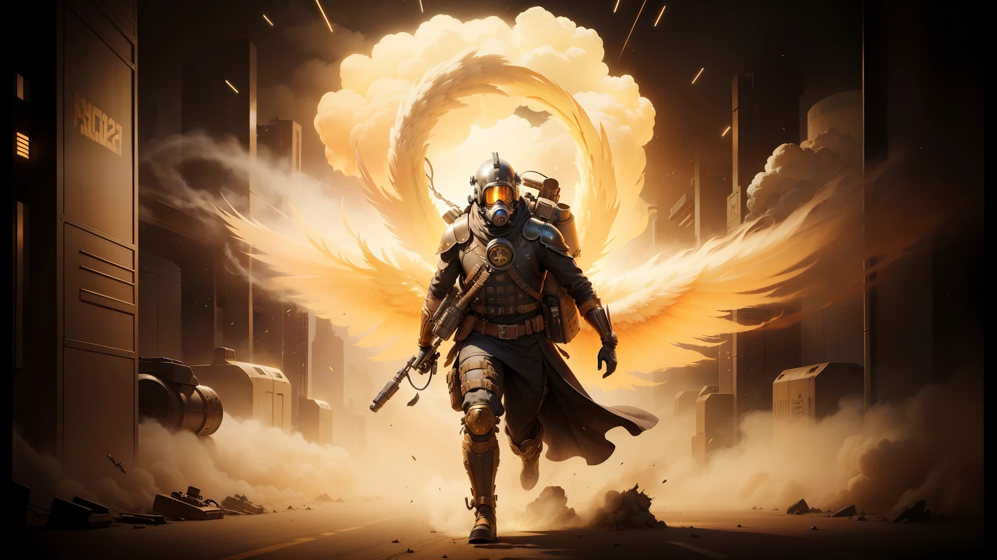 arafed image of a man in a gas mask running through a tunnel, yasuke 5 0 0 px models, explosions and lasers, in detailed steampunk dress, artwork of a phoenix, film still from dune 2020, charlie bowater and artgerm, featured on pexels, nuclear bomb blast, necromunda, the pyro --auto --s2