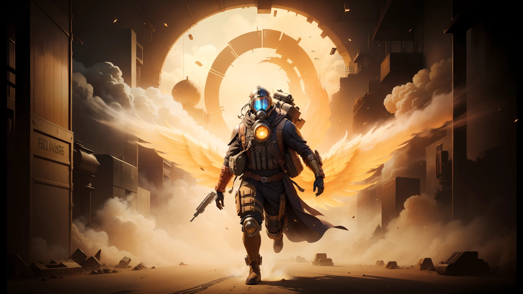 arafed image of a man in a gas mask running through a tunnel, yasuke 5 0 0 px models, explosions and lasers, in detailed steampunk dress, artwork of a phoenix, film still from dune 2020, charlie bowater and artgerm, featured on pexels, nuclear bomb blast, necromunda, the pyro --auto --s2