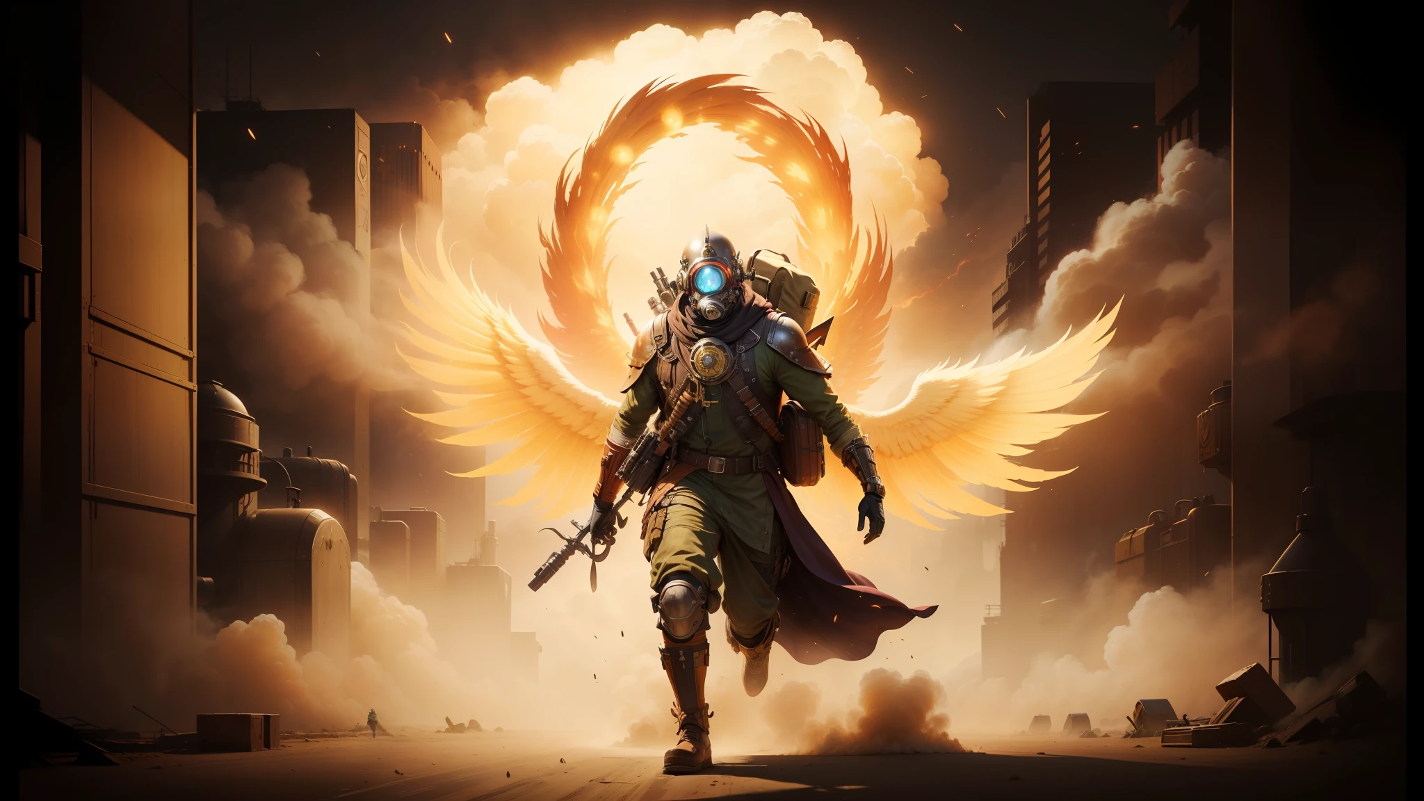 arafed image of a man in a gas mask running through a tunnel, yasuke 5 0 0 px models, explosions and lasers, in detailed steampunk dress, artwork of a phoenix, film still from dune 2020, charlie bowater and artgerm, featured on pexels, nuclear bomb blast, necromunda, the pyro --auto --s2