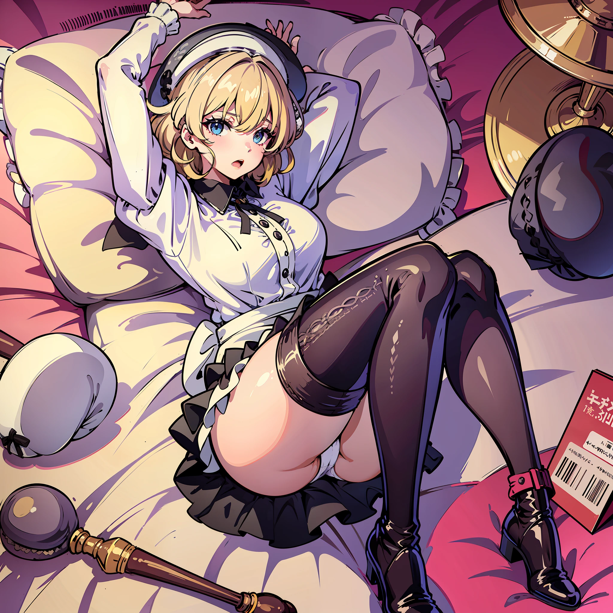 1girl, large breasts, thighhighs,solo, thigh boots, white shirt, black skirt, black footwear, (((masterpiece,high resolution,best quality))), solo,wine bottle, lying, blonde hair, on back, looking at viewer, open mouth, solo, blush, wet clothes, heart, arms up, wet, bed sheet, huge breasts, (beret :1.8), short hair, (iwanagakotoko:0.9), in bed, bedroom, bed, pervert, white panties