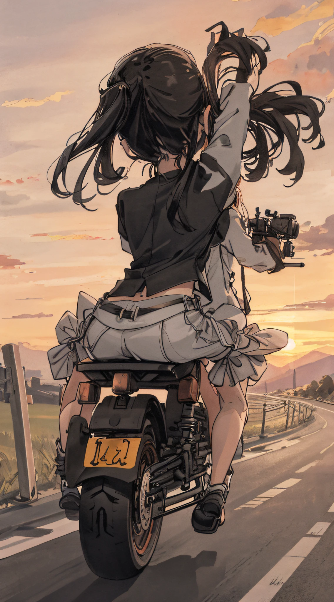 Sunset, road background, 2 girls riding on motorcycle, back view, happy