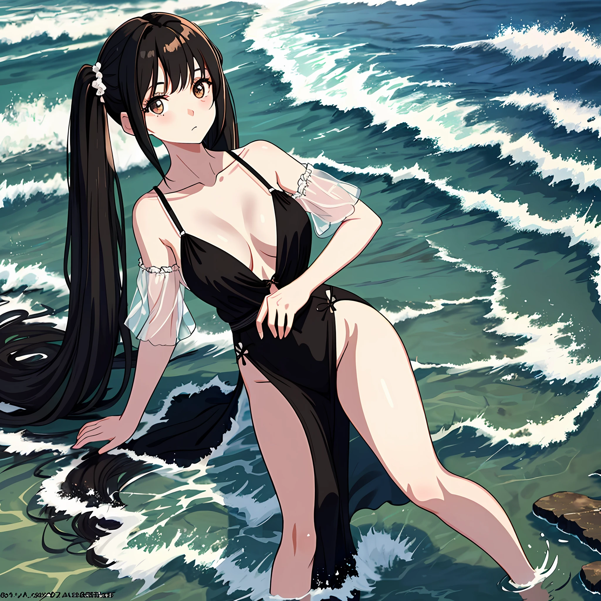 masterpiece: 1.2, best quality), (finely detailed beautiful eyes: 1.2), a girl with twintail, brown eyes, with an open black nightgown in front and no bra, beach, water, black spot large breasts, age 20, black hair, pale white skin