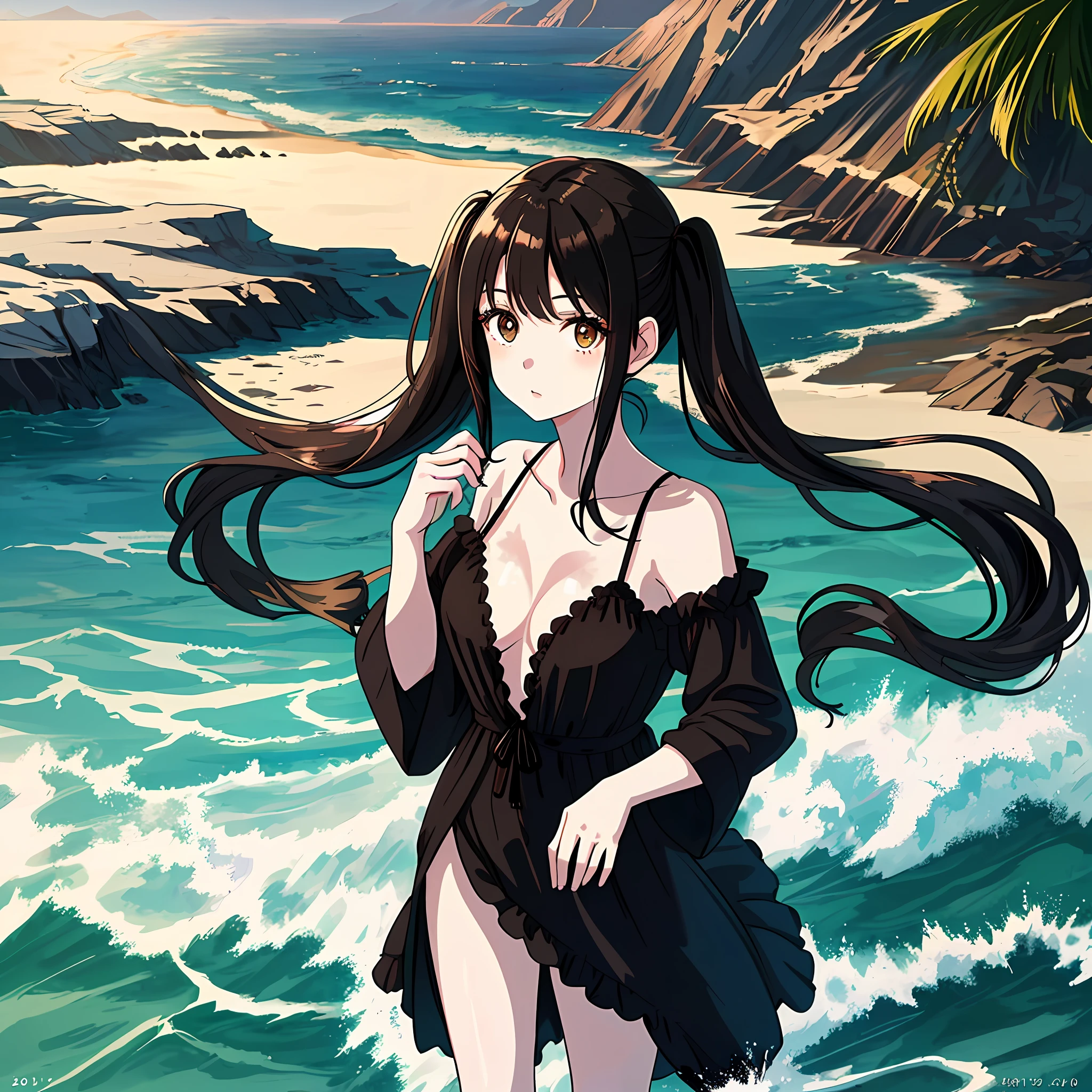 masterpiece: 1.2, best quality), (finely detailed beautiful eyes: 1.2), a girl with twintail, brown eyes, with an open black nightgown in front and no bra, beach, water, black spot large breasts, age 20, black hair, pale white skin