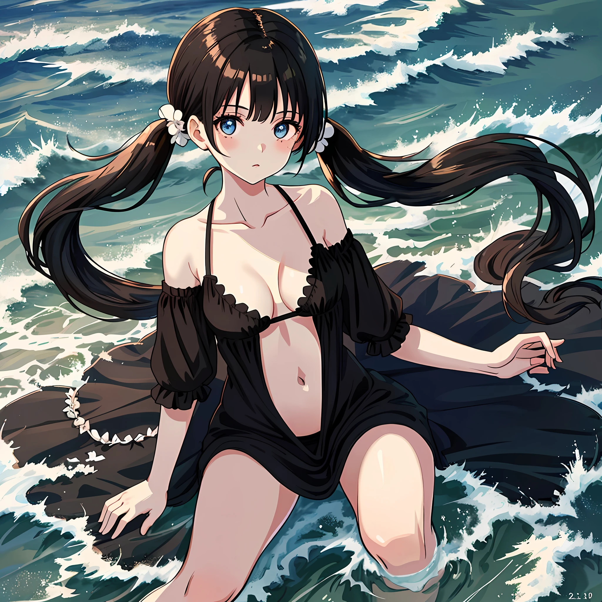 masterpiece: 1.2, best quality), (finely detailed beautiful eyes: 1.2), a girl with twintail, brown eyes, with an open black nightgown in front and no bra, beach, water, black spot large breasts, age 20, black hair, pale white skin