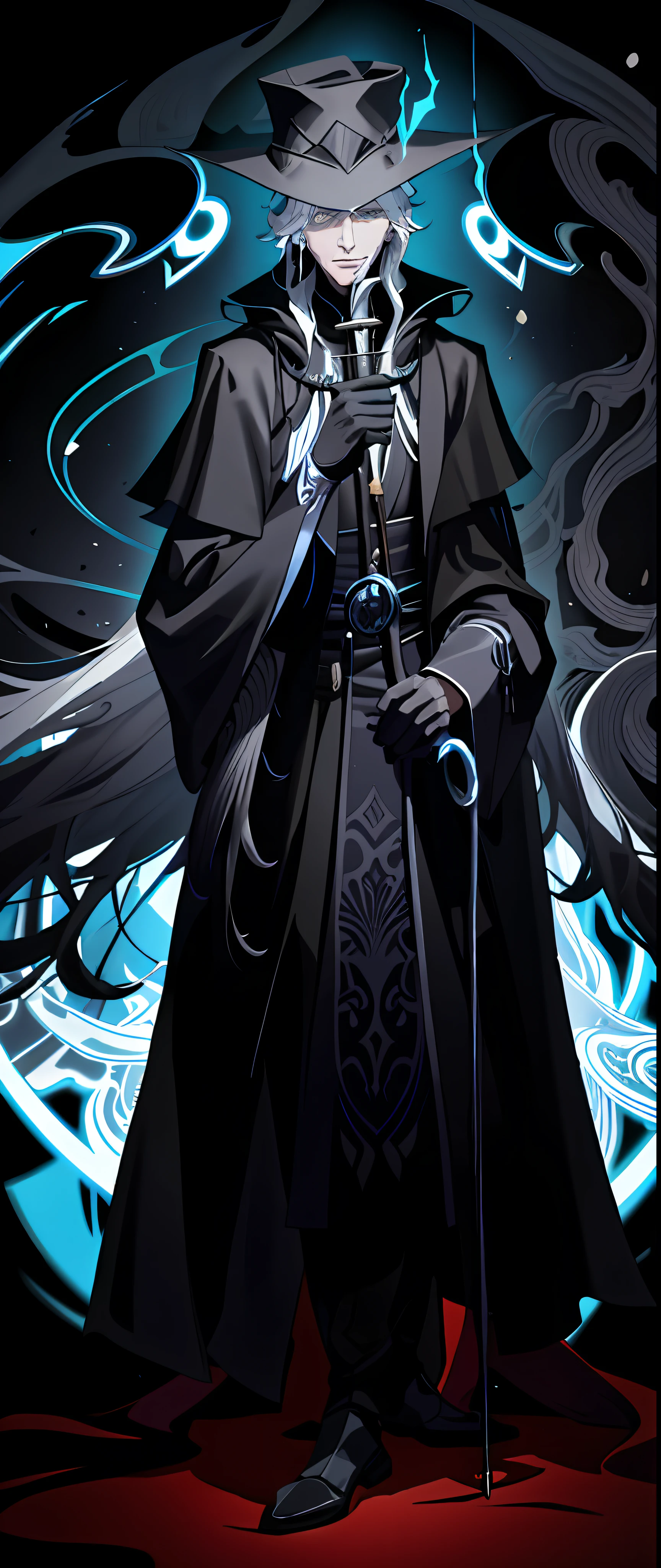 a drawing of a man in a hat and coat with a cane, wearing flowing robes, lineart behance hd, clean lineart, hooded cloaked sith lord, thick black lineart, karthus from league of legends, perfect lineart, heavy lineart, intense line art, flowing hair and long robes, ornate flowing robes, lineart, flowing robes