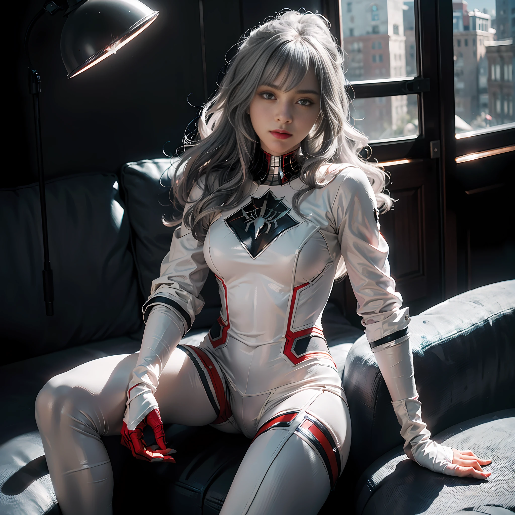 (Extreme Detail CG Unity 8K wallpaper, masterpiece, highest quality), (Exquisite lighting and shadow, highly dramatic picture, Cinematic lens effect), a girl in a white Spider-Man costume, silver gray hair color, from the Spider-Man parallel universe, Wenger, Marvel, Spider-Man, sitting on the couch, dynamic pose), (excellent detail, excellent lighting, wide angle), (excellent rendering, enough to stand out in its class), focus on white Spider-Man costumes, complex spider textures