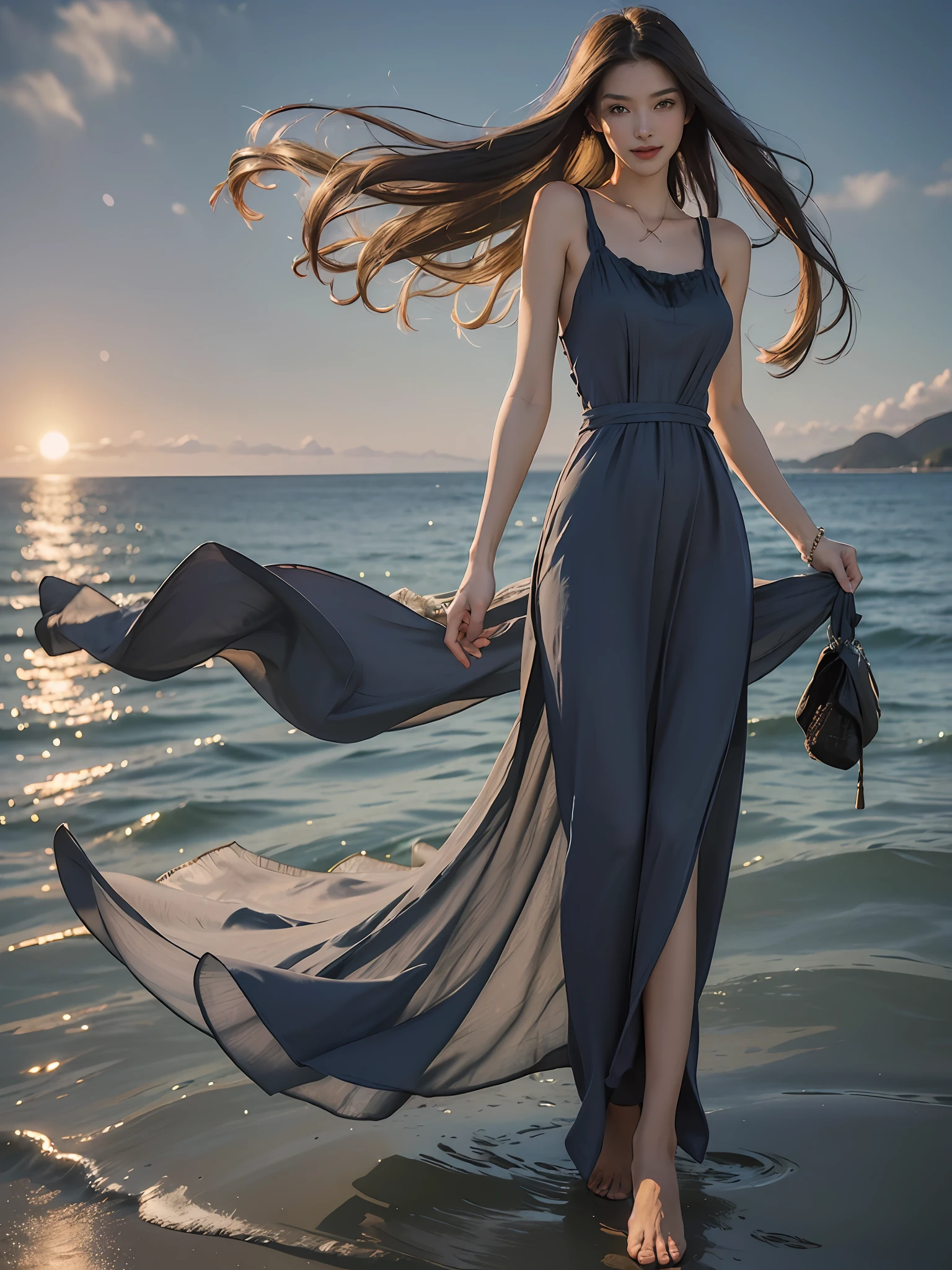 Best quality,masterpiece, ultra high res, (photorealistic:1.4), raw photo,(slender legs),(beautiful hands),1girl,solo,standing,((maxi dress:1.5)),in the dark, deep shadow,(jimmy choo), (floating colorful wind:1) ,(full body),Perfect eyes, perfect face, Beach, sea, smile,low key, Slim figure, ((golden ratio figure)), ((perfect long legs))